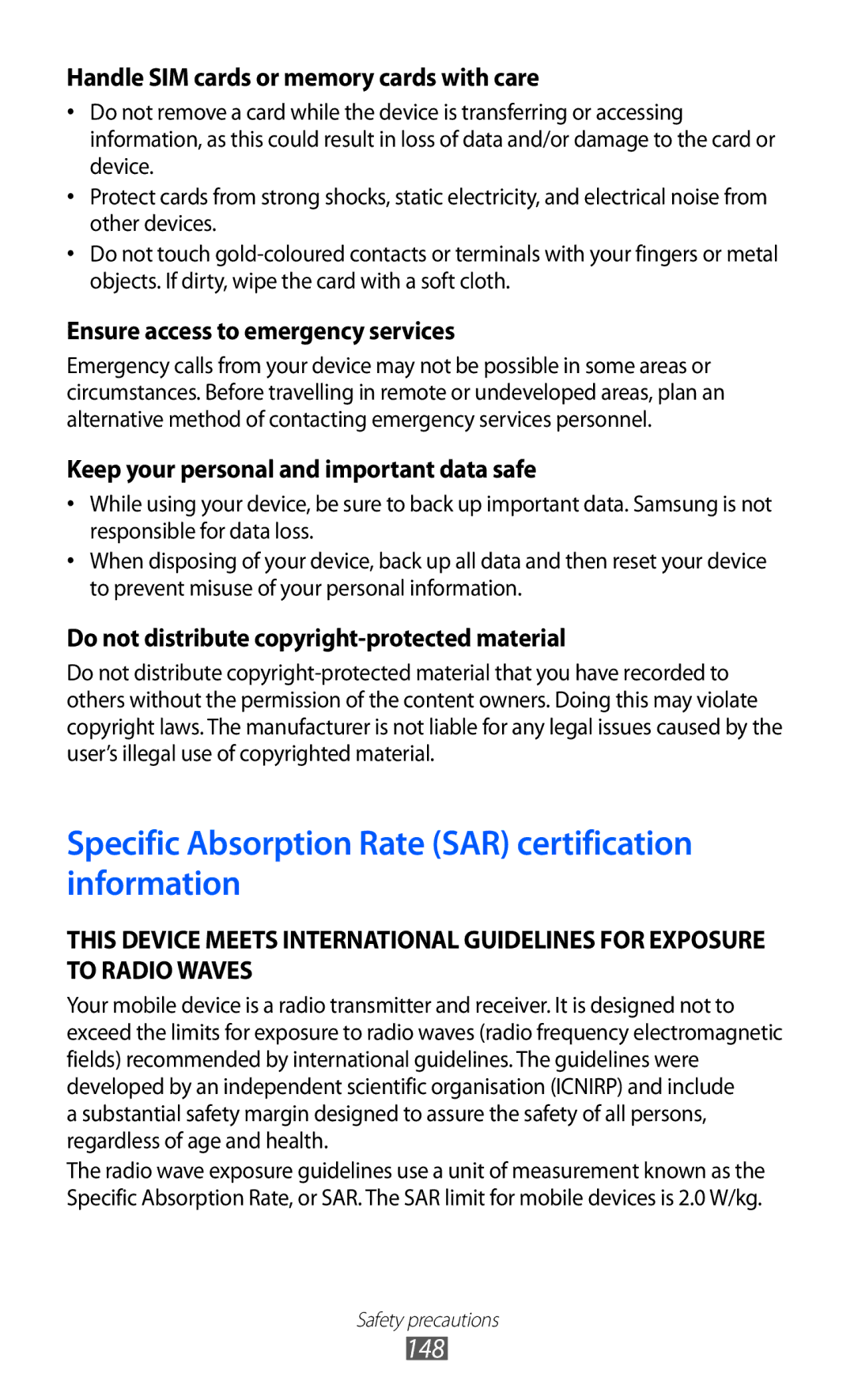 Samsung GT-S7500 user manual Specific Absorption Rate SAR certification information 