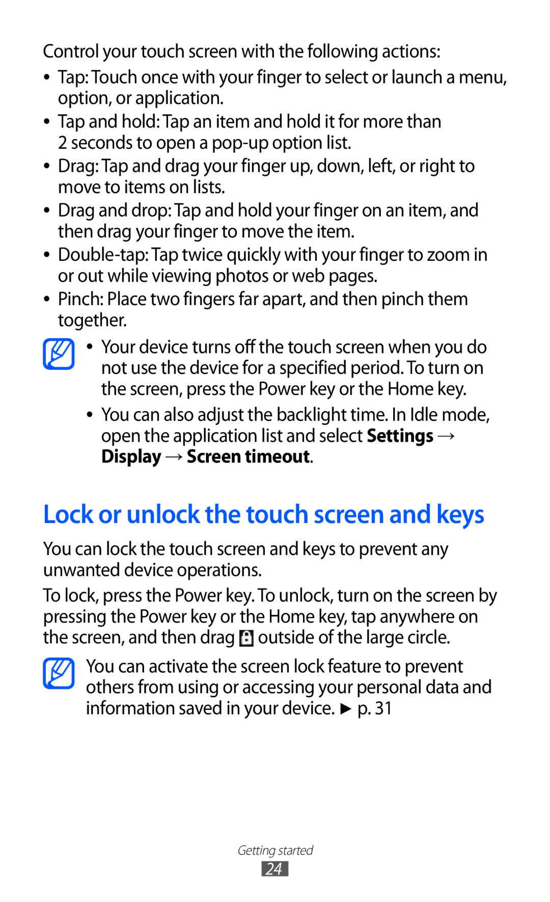 Samsung GT-S7500 user manual Lock or unlock the touch screen and keys 