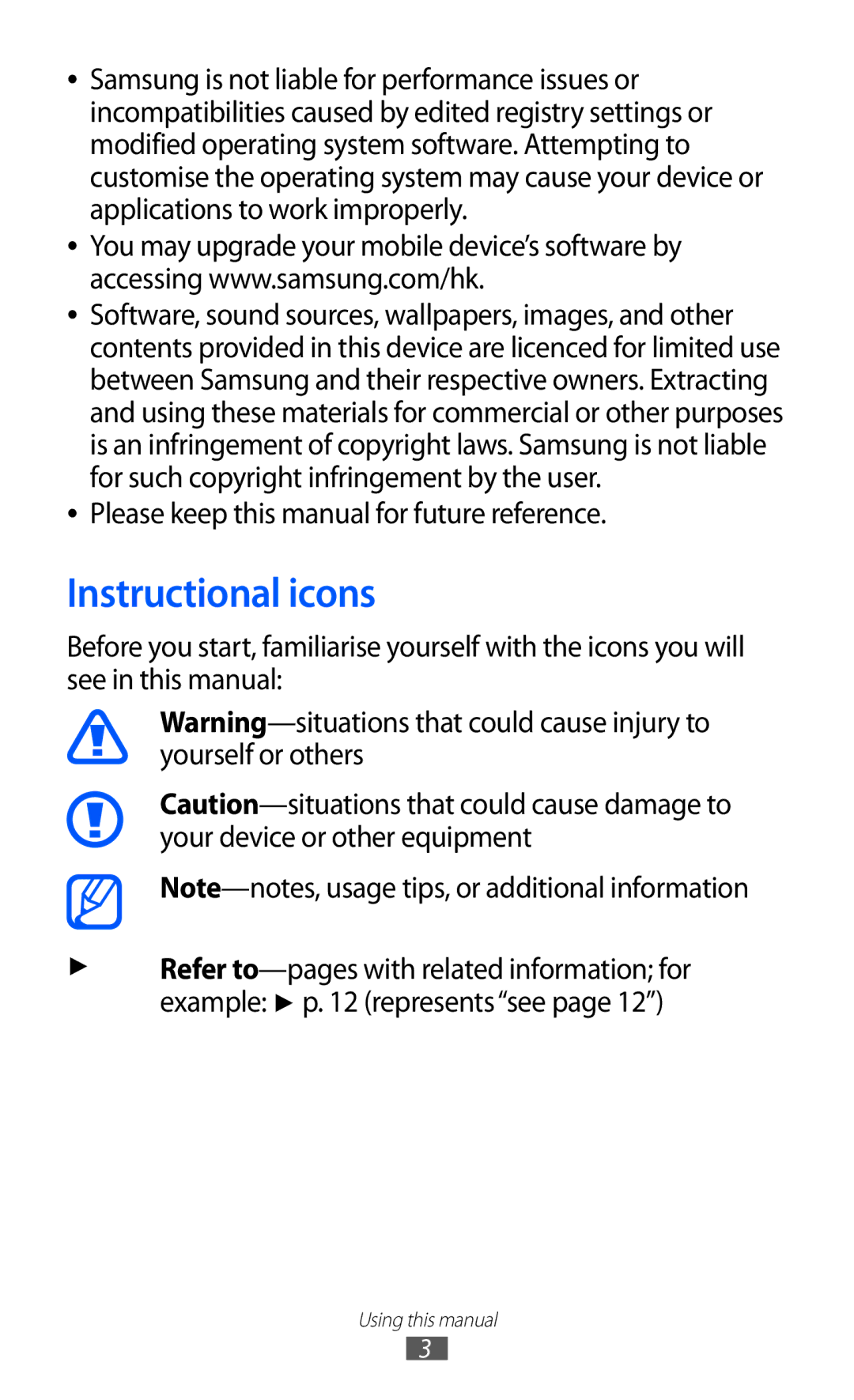 Samsung GT-S7500 user manual Instructional icons, Please keep this manual for future reference 