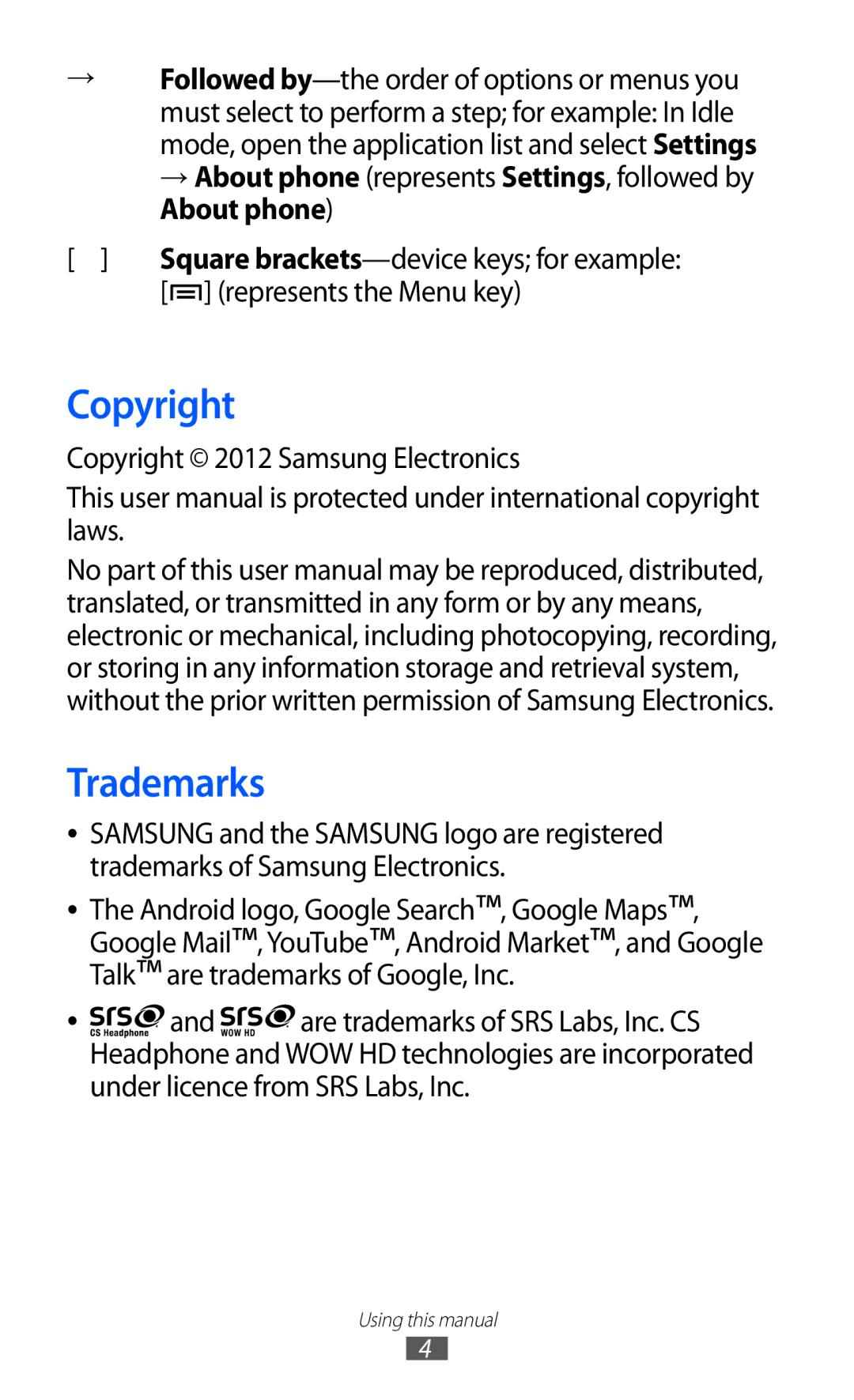 Samsung GT-S7500 user manual Trademarks, Represents the Menu key, Copyright 2012 Samsung Electronics 