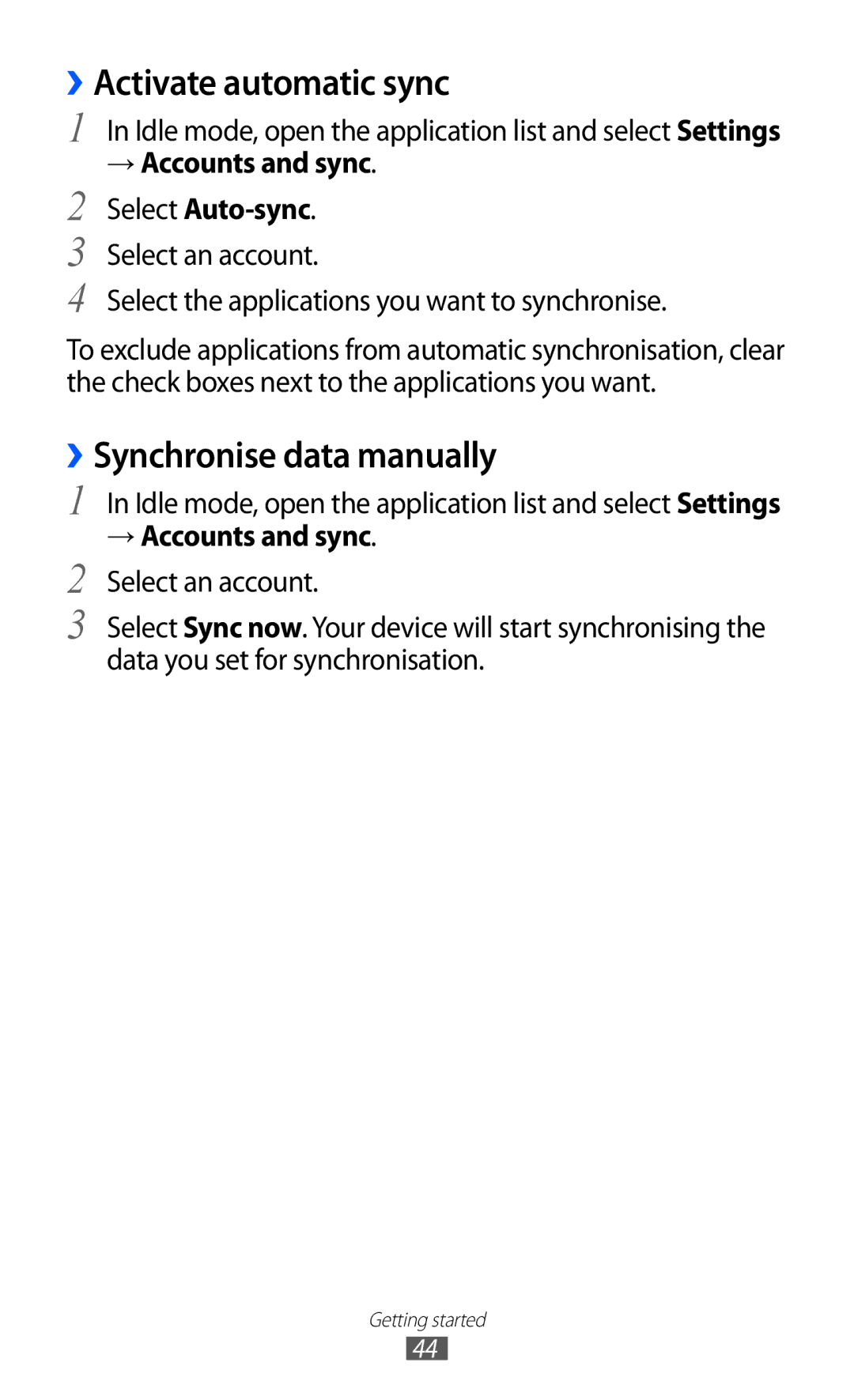 Samsung GT-S7500 user manual ››Activate automatic sync, ››Synchronise data manually 