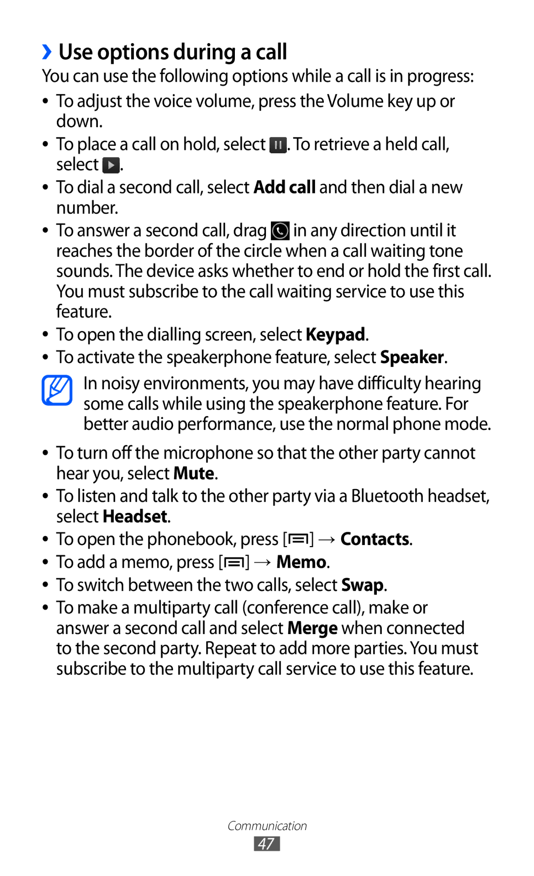 Samsung GT-S7500 user manual ››Use options during a call 