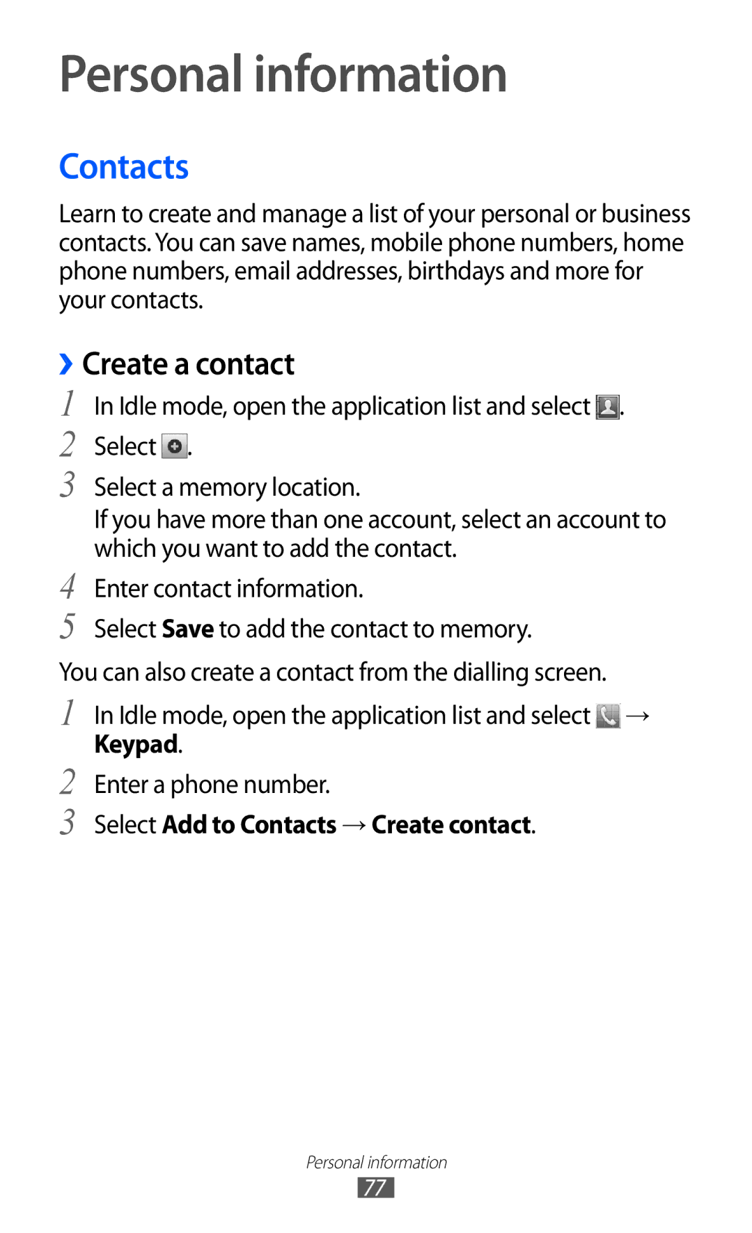 Samsung GT-S7500 user manual Personal information, Create a contact, Select Add to Contacts → Create contact 