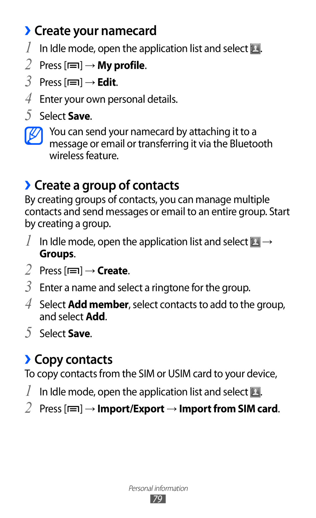 Samsung GT-S7500 user manual ››Create your namecard, ››Create a group of contacts, ››Copy contacts 