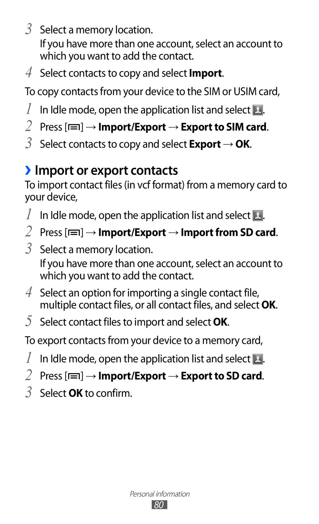 Samsung GT-S7500 user manual ››Import or export contacts, Press → Import/Export → Export to SIM card 