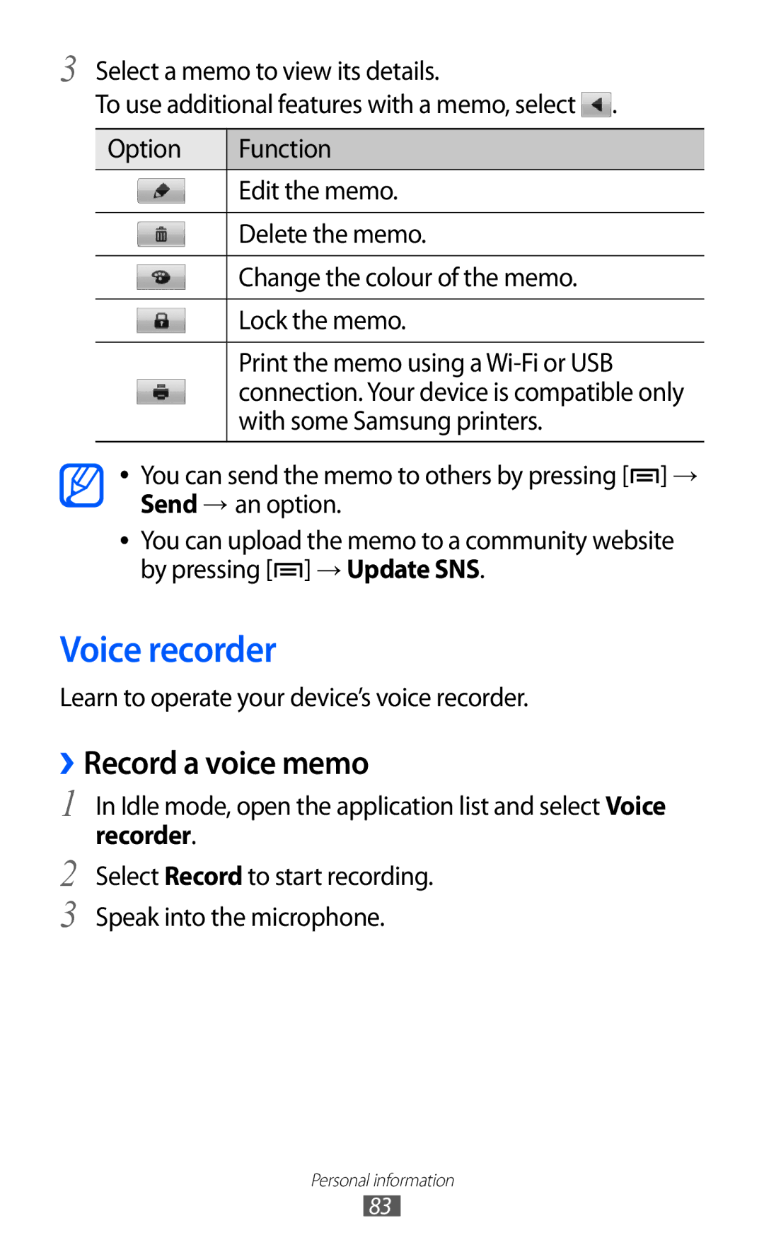 Samsung GT-S7500 user manual Voice recorder, ››Record a voice memo, Recorder 