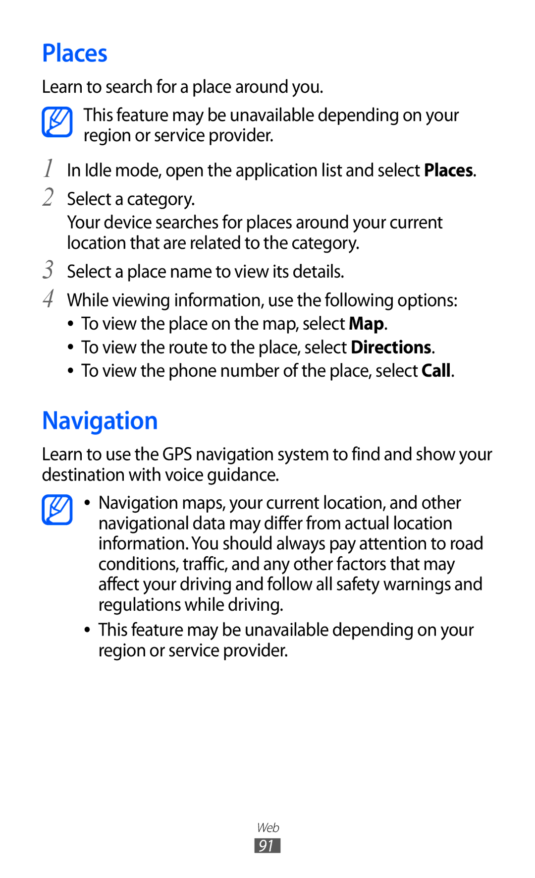 Samsung GT-S7500 user manual Places, Navigation 