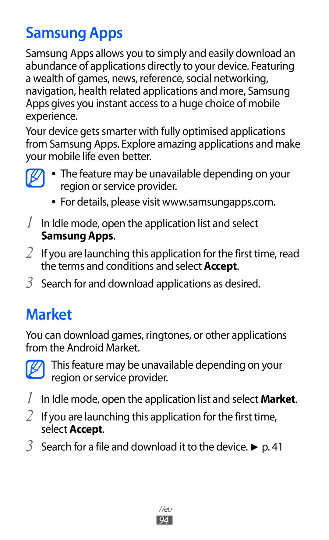 Samsung GT-S7500 user manual Samsung Apps, Market 