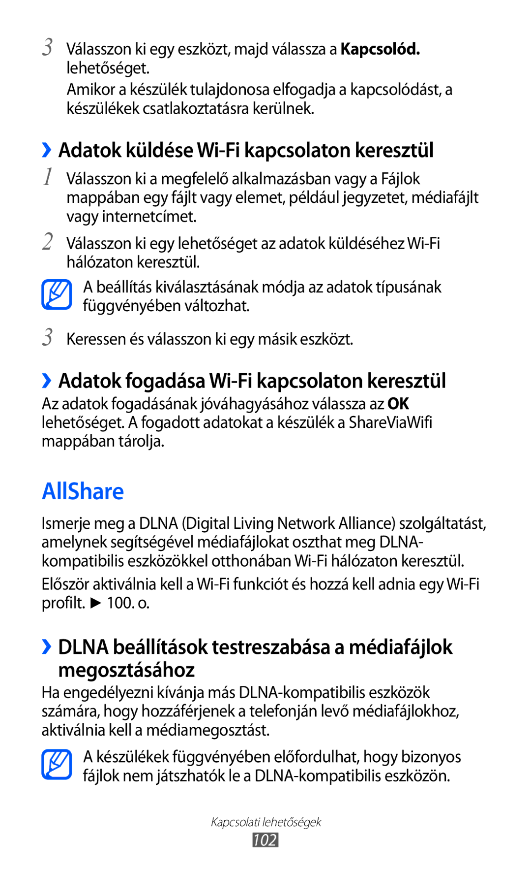 Samsung GT-S7500ABADBT, GT-S7500ABAATO, GT-S7500ABAVD2 manual AllShare, ››Adatok küldése Wi-Fi kapcsolaton keresztül, 102 