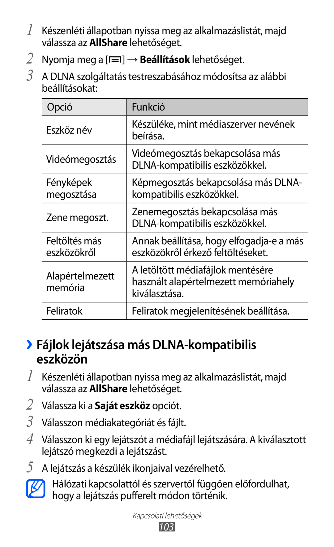 Samsung GT-S7500ABAATO, GT-S7500ABADBT, GT-S7500ABAVD2 manual ››Fájlok lejátszása más DLNA-kompatibilis eszközön, 103 