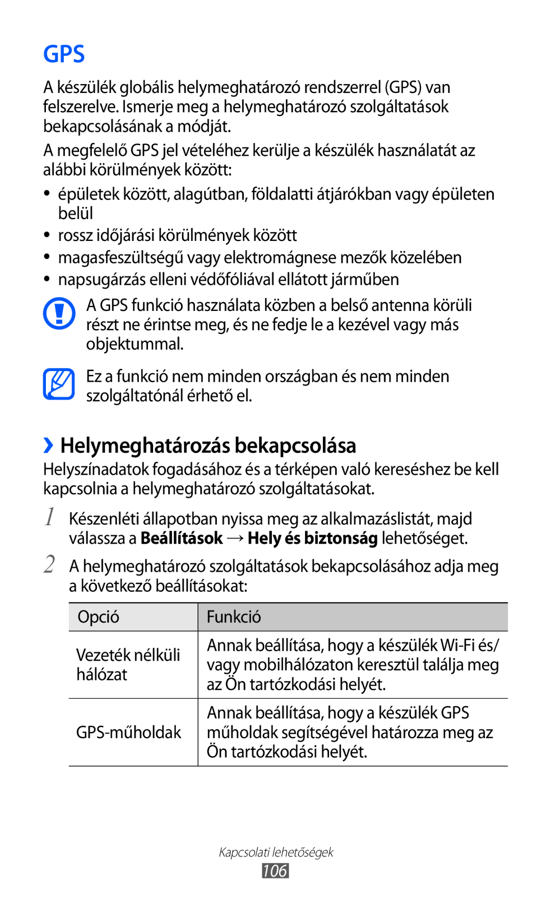 Samsung GT-S7500ABAVDC, GT-S7500ABADBT, GT-S7500ABAATO, GT-S7500ABAVD2, GT-S7500ABAMTL ››Helymeghatározás bekapcsolása, 106 