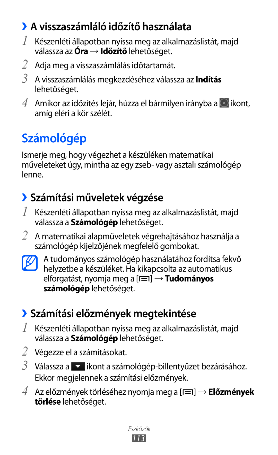 Samsung GT-S7500ABAAUT manual Számológép, ››A visszaszámláló időzítő használata, ››Számítási műveletek végzése, 113 