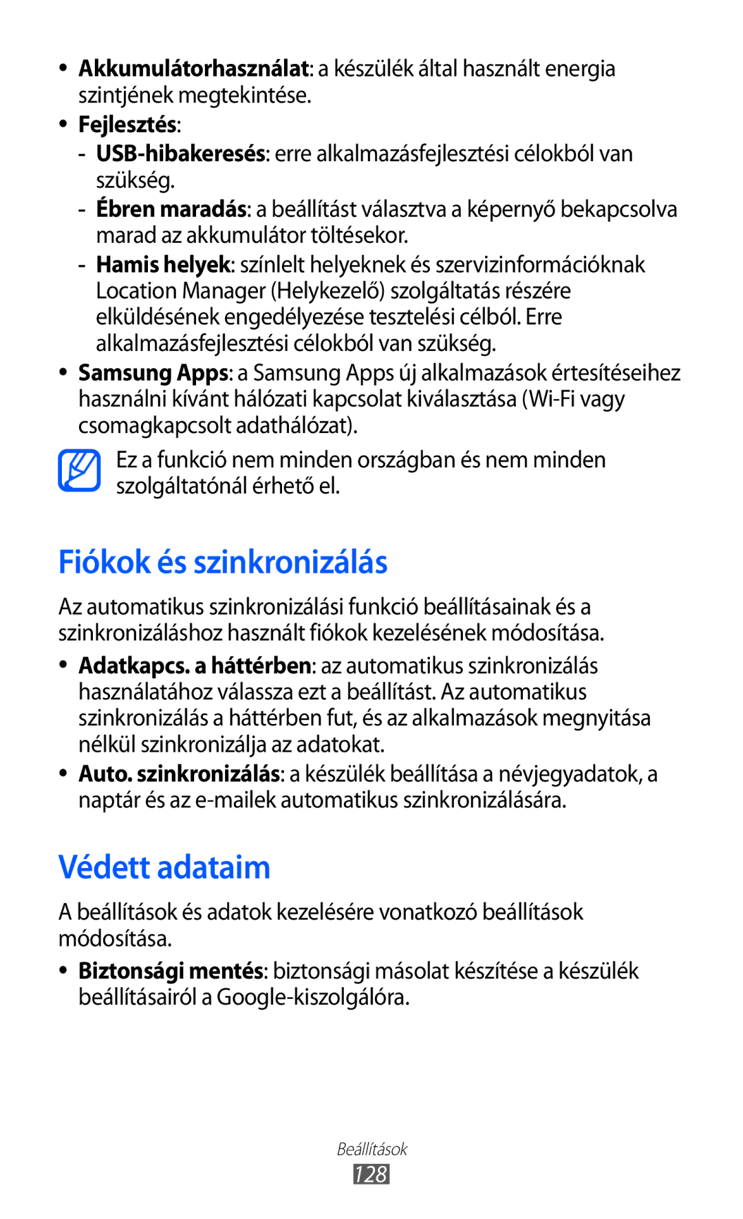 Samsung GT-S7500ABASWC, GT-S7500ABADBT, GT-S7500ABAATO manual Fiókok és szinkronizálás, Védett adataim, Fejlesztés, 128 