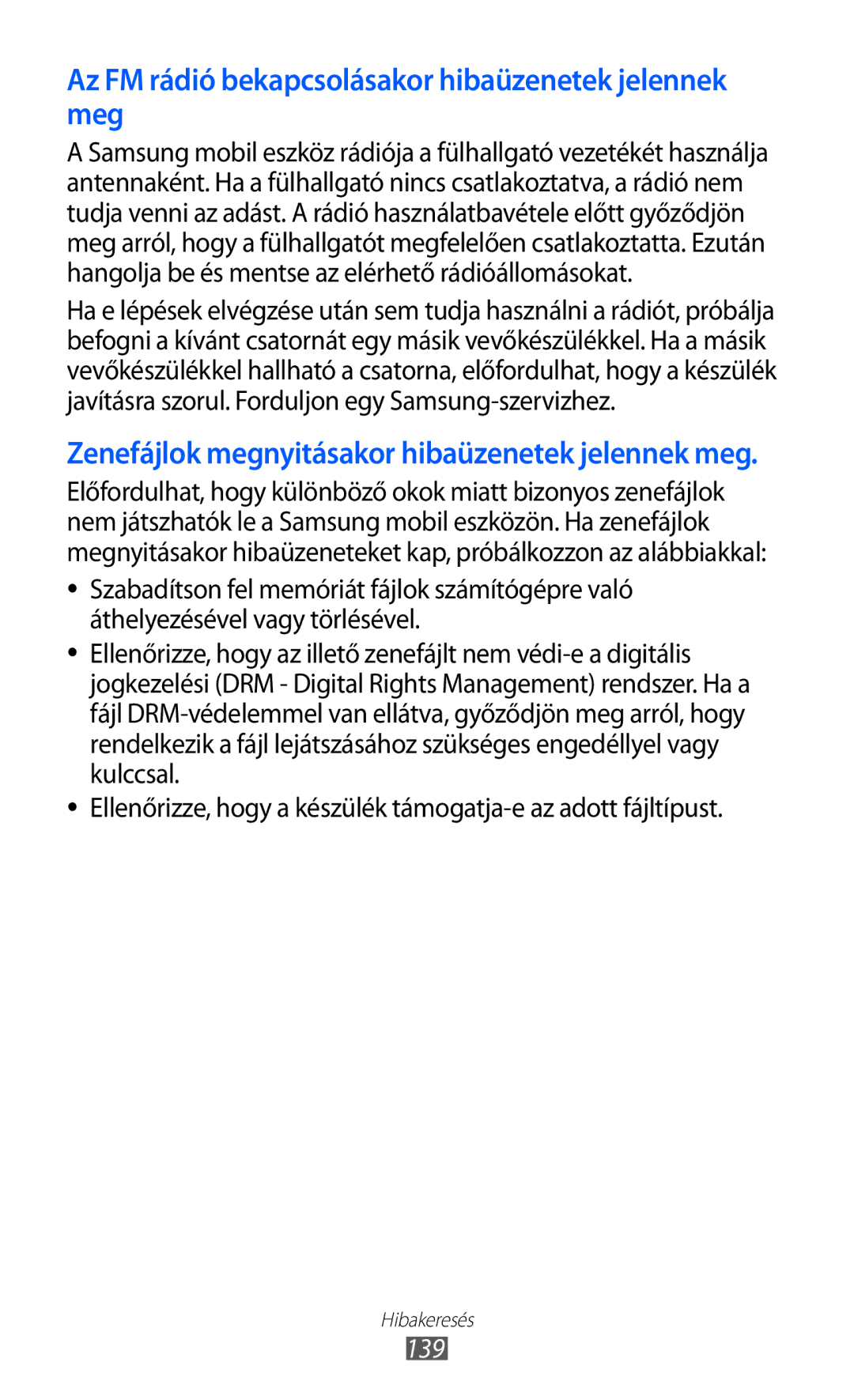 Samsung GT-S7500ABAMTL, GT-S7500ABADBT, GT-S7500ABAATO manual Az FM rádió bekapcsolásakor hibaüzenetek jelennek meg, 139 