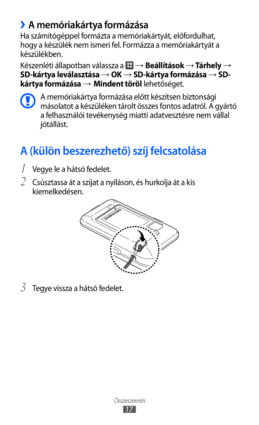 Samsung GT-S7500ABADBT, GT-S7500ABAATO, GT-S7500ABAVD2 Külön beszerezhető szíj felcsatolása, ››A memóriakártya formázása 