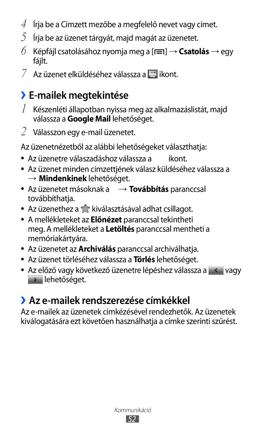 Samsung GT-S7500ABAATO manual ››E-mailek megtekintése, ››Az e-mailek rendszerezése címkékkel, Válasszon egy e-mail üzenetet 