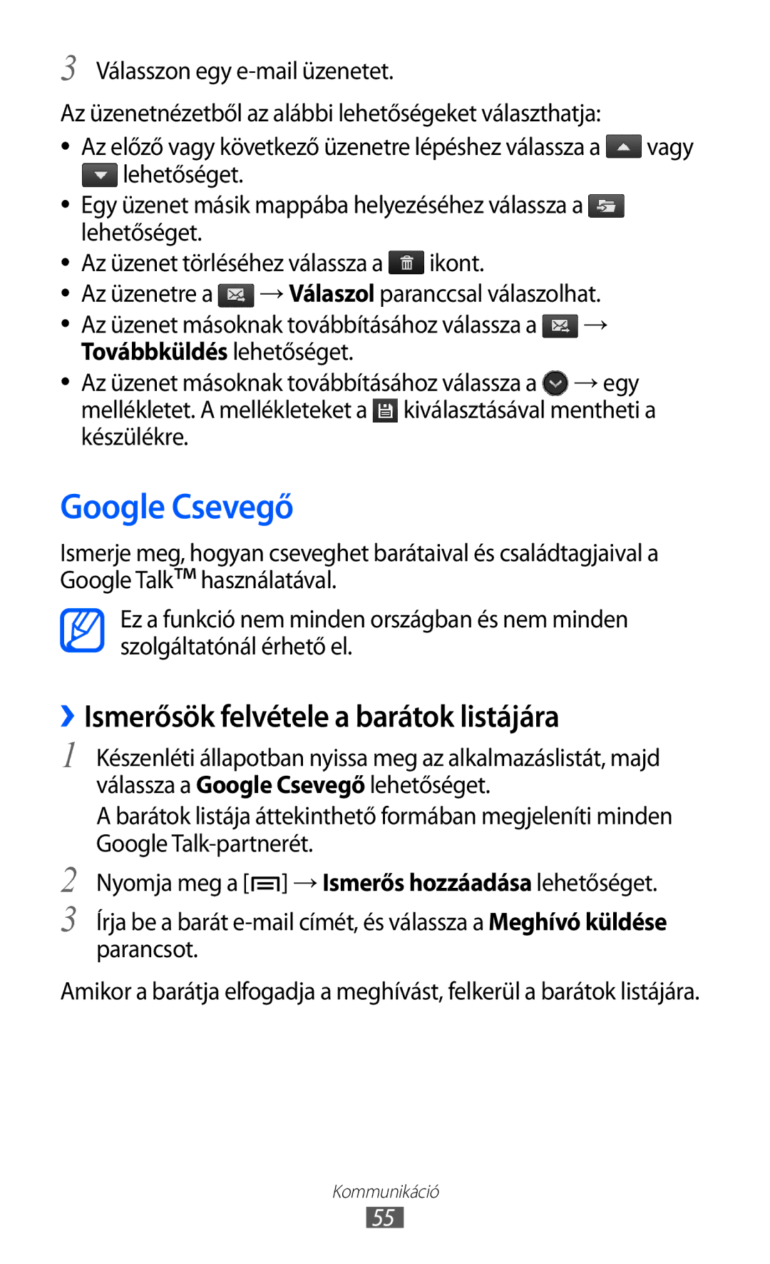 Samsung GT-S7500ABAVDC, GT-S7500ABADBT manual Google Csevegő, ››Ismerősök felvétele a barátok listájára, Ikont Az üzenetre a 