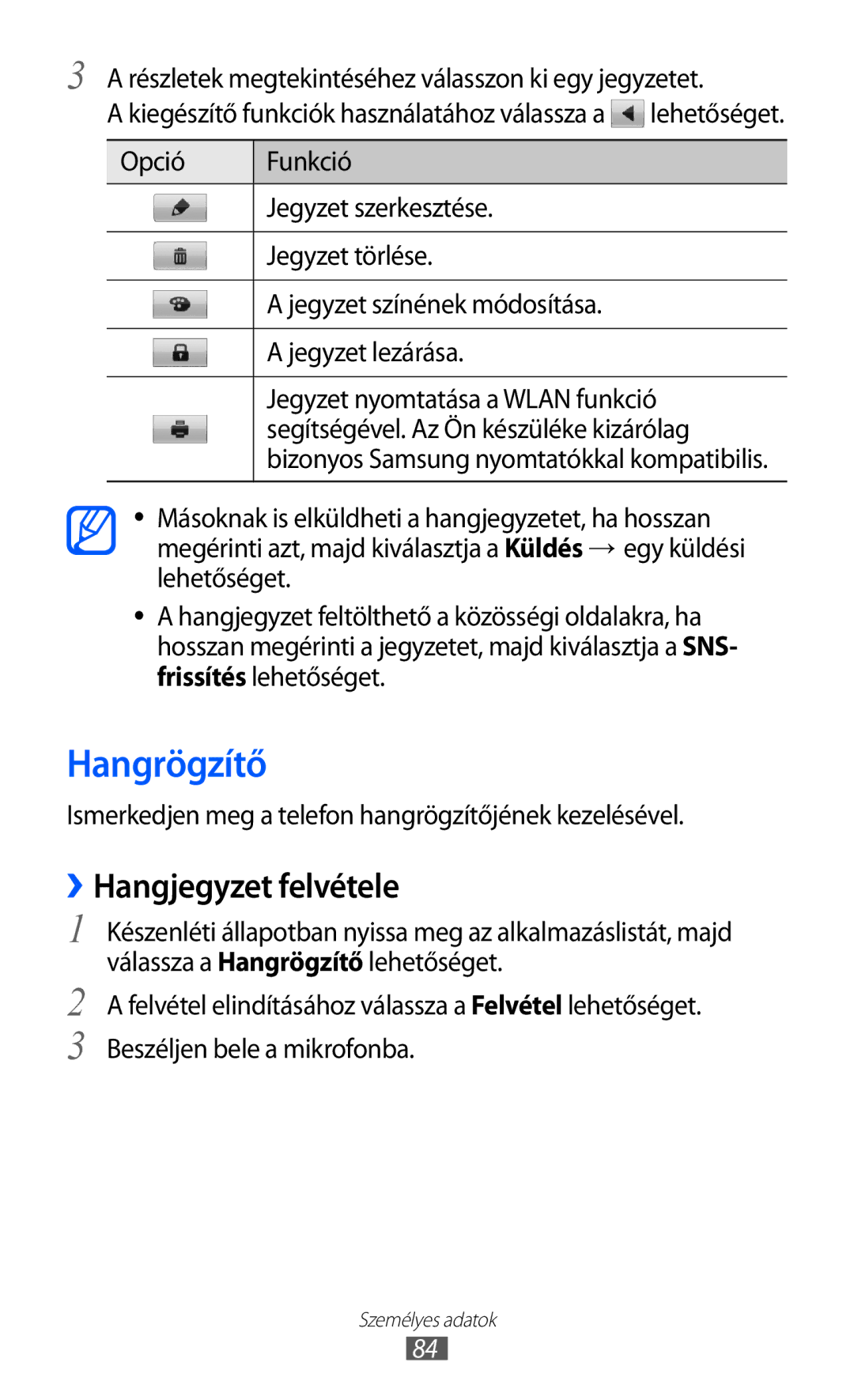 Samsung GT-S7500ABACNX manual Hangrögzítő, ››Hangjegyzet felvétele, Részletek megtekintéséhez válasszon ki egy jegyzetet 