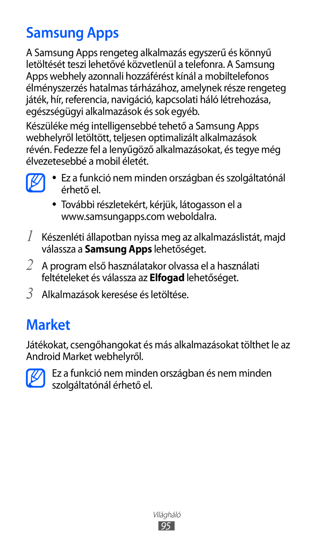 Samsung GT2S7500ABAVDH, GT-S7500ABADBT, GT-S7500ABAATO manual Samsung Apps, Market, Alkalmazások keresése és letöltése 