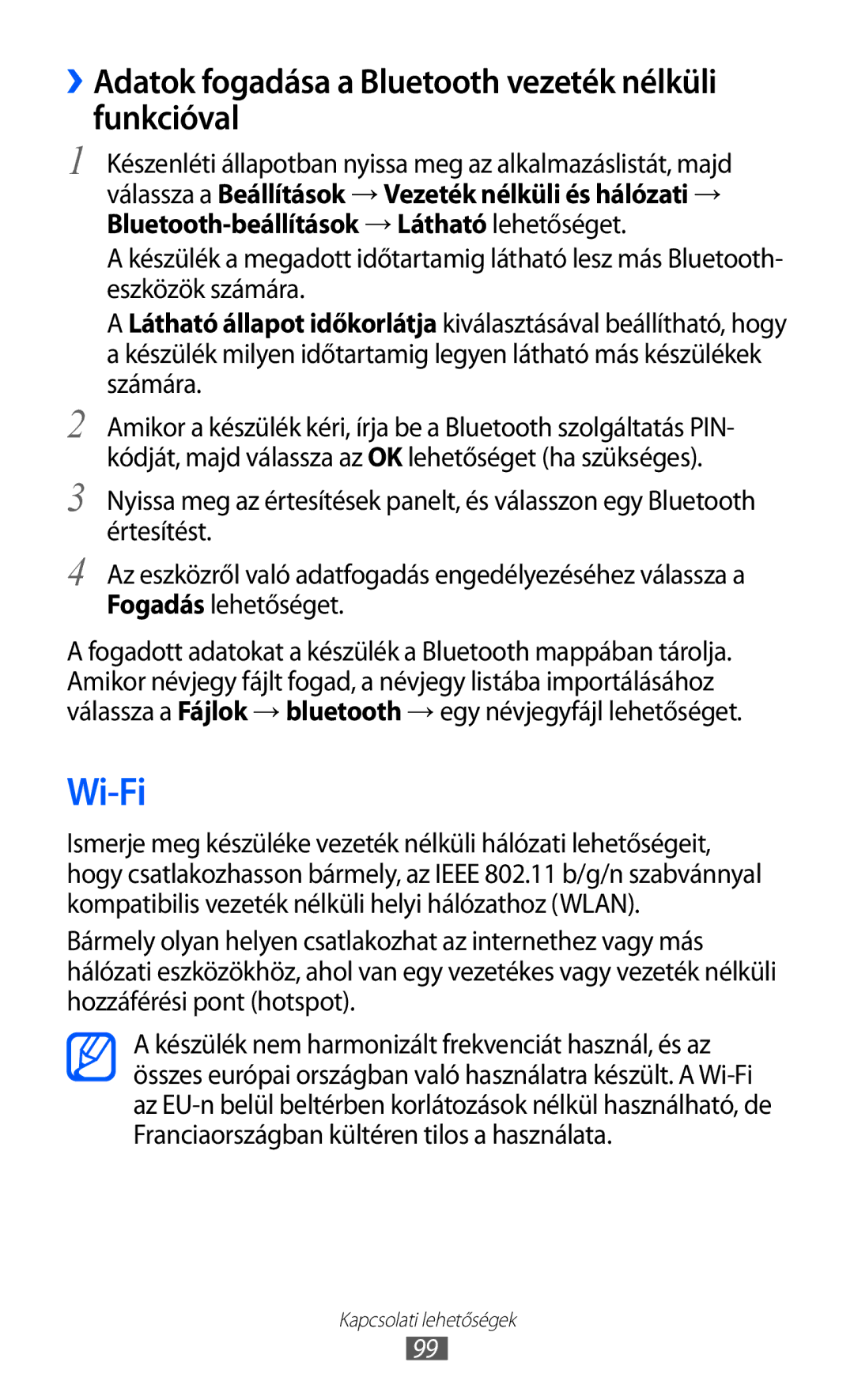 Samsung GT2S7500CWAVDH, GT-S7500ABADBT, GT-S7500ABAATO manual Wi-Fi, ››Adatok fogadása a Bluetooth vezeték nélküli funkcióval 