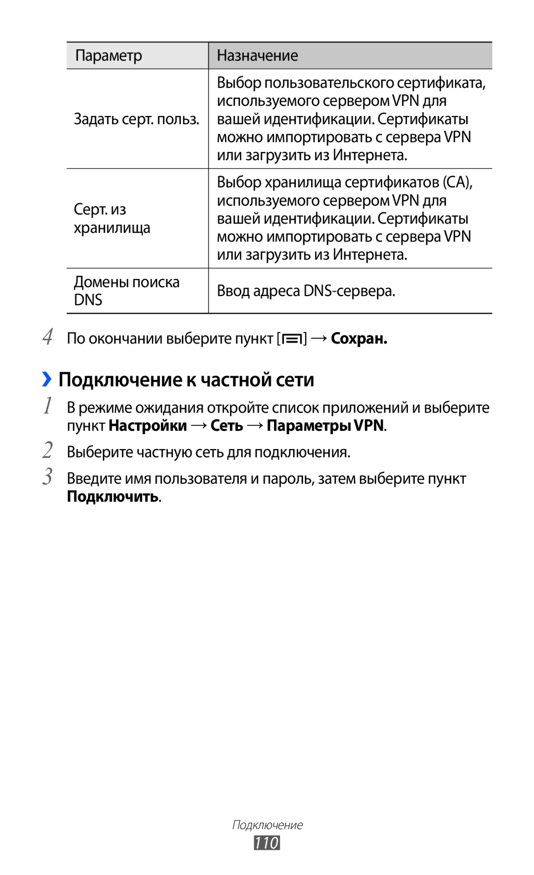 Samsung GT-S7500HKASER, GT-S7500ABASER, GT-S7500CWASER manual ››Подключение к частной сети, 110, Подключить 