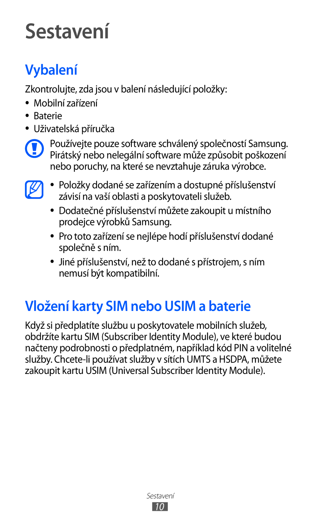 Samsung GT-S7500ABAXEZ, GT2S7500ABAXSK, GT2S7500ABAVDC manual Sestavení, Vybalení, Vložení karty SIM nebo Usim a baterie 