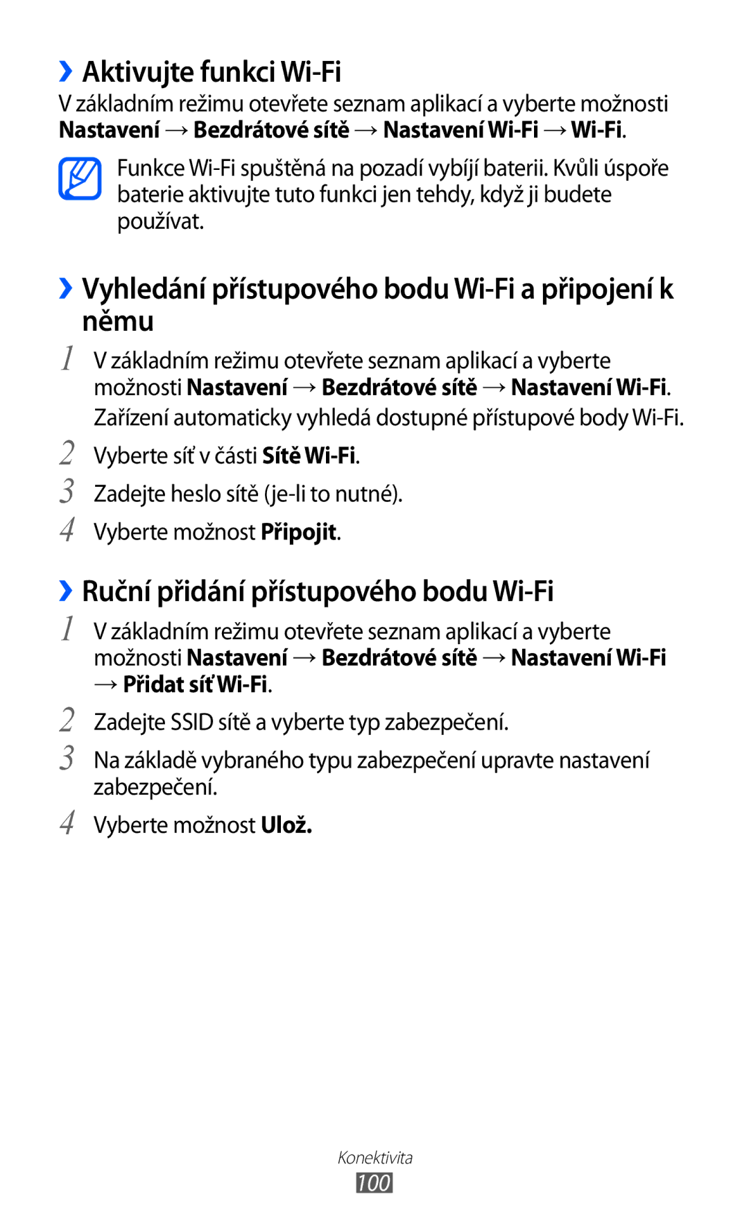 Samsung GT-S7500ABAXEZ, GT2S7500ABAXSK ››Aktivujte funkci Wi-Fi, ››Vyhledání přístupového bodu Wi-Fi a připojení k němu 