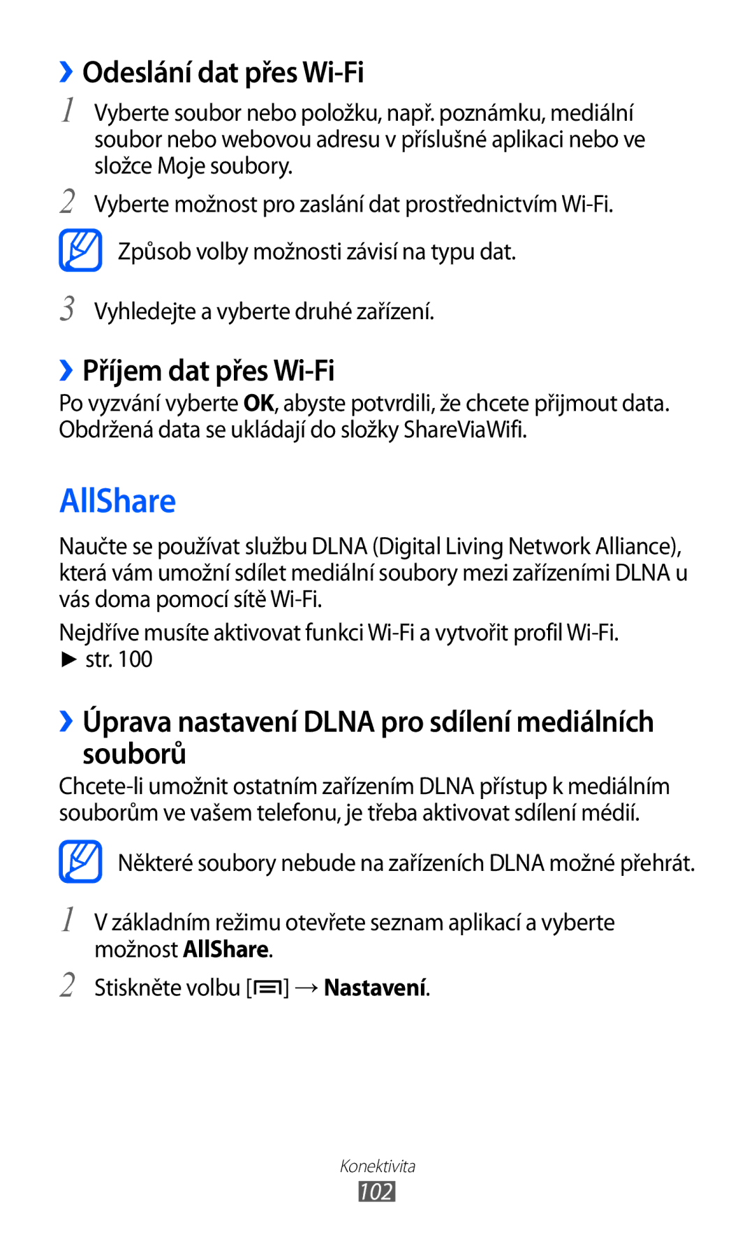 Samsung GT2S7500ABAVDC, GT-S7500ABAXEZ, GT2S7500ABAXSK AllShare, ››Odeslání dat přes Wi-Fi, ››Příjem dat přes Wi-Fi, 102 