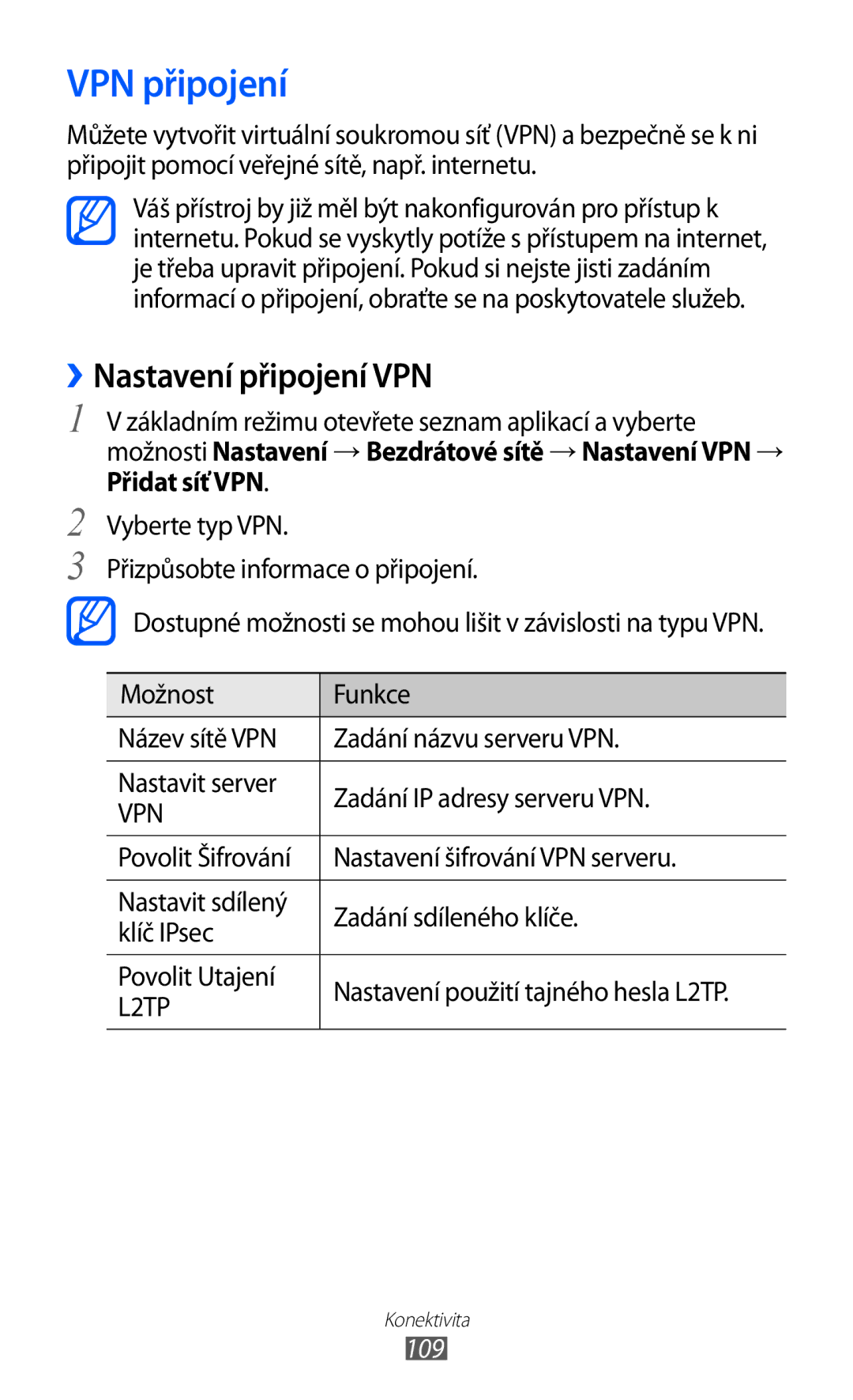 Samsung GT-S7500ABAVDC, GT-S7500ABAXEZ, GT2S7500ABAXSK, GT2S7500ABAVDC manual VPN připojení, ››Nastavení připojení VPN, 109 