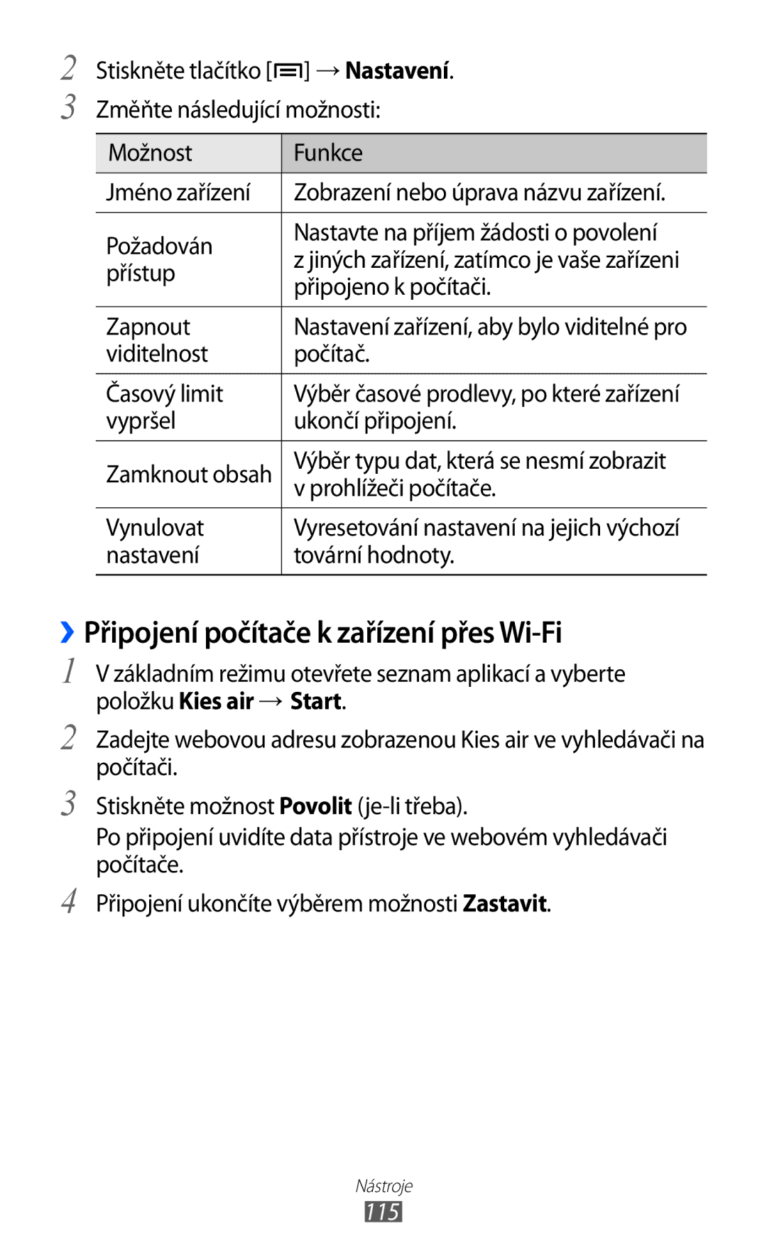 Samsung GT-S7500ABAXEZ, GT2S7500ABAXSK, GT2S7500ABAVDC, GT-S7500ABAXSK manual ››Připojení počítače k zařízení přes Wi-Fi, 115 