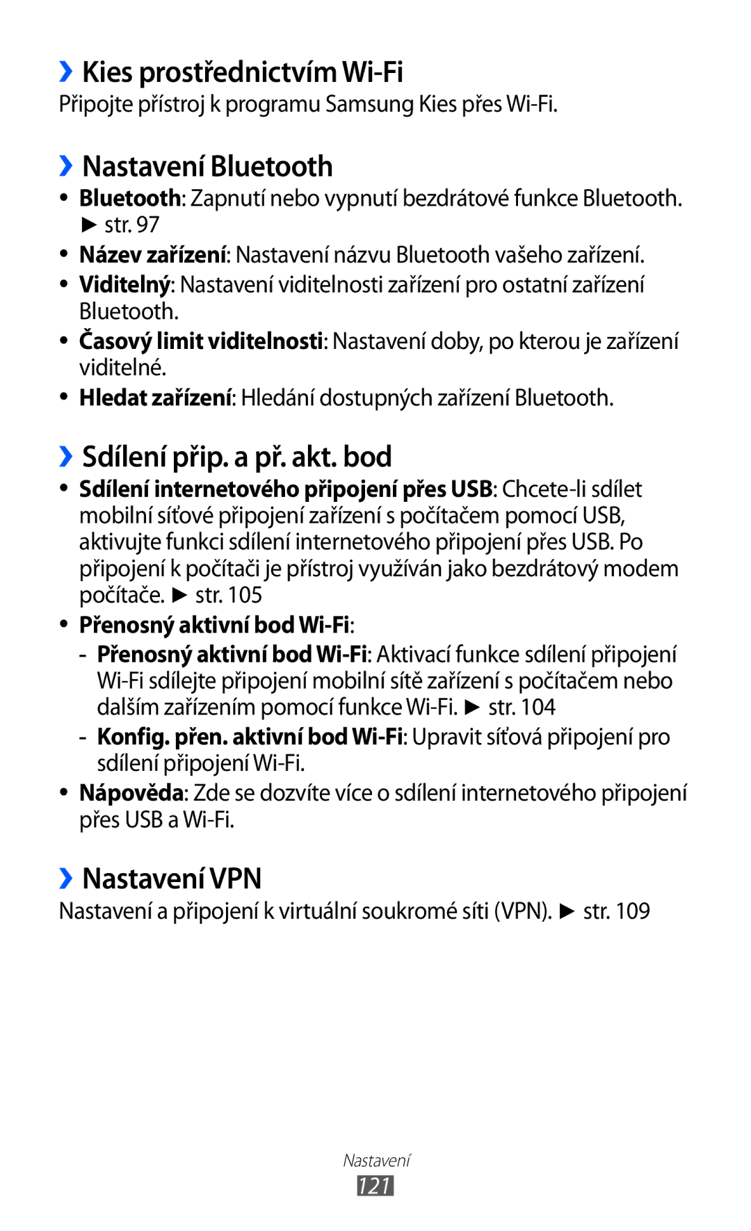 Samsung GT2S7500ABAXSK manual ››Kies prostřednictvím Wi-Fi, ››Nastavení Bluetooth, ››Sdílení přip. a př. akt. bod, 121 