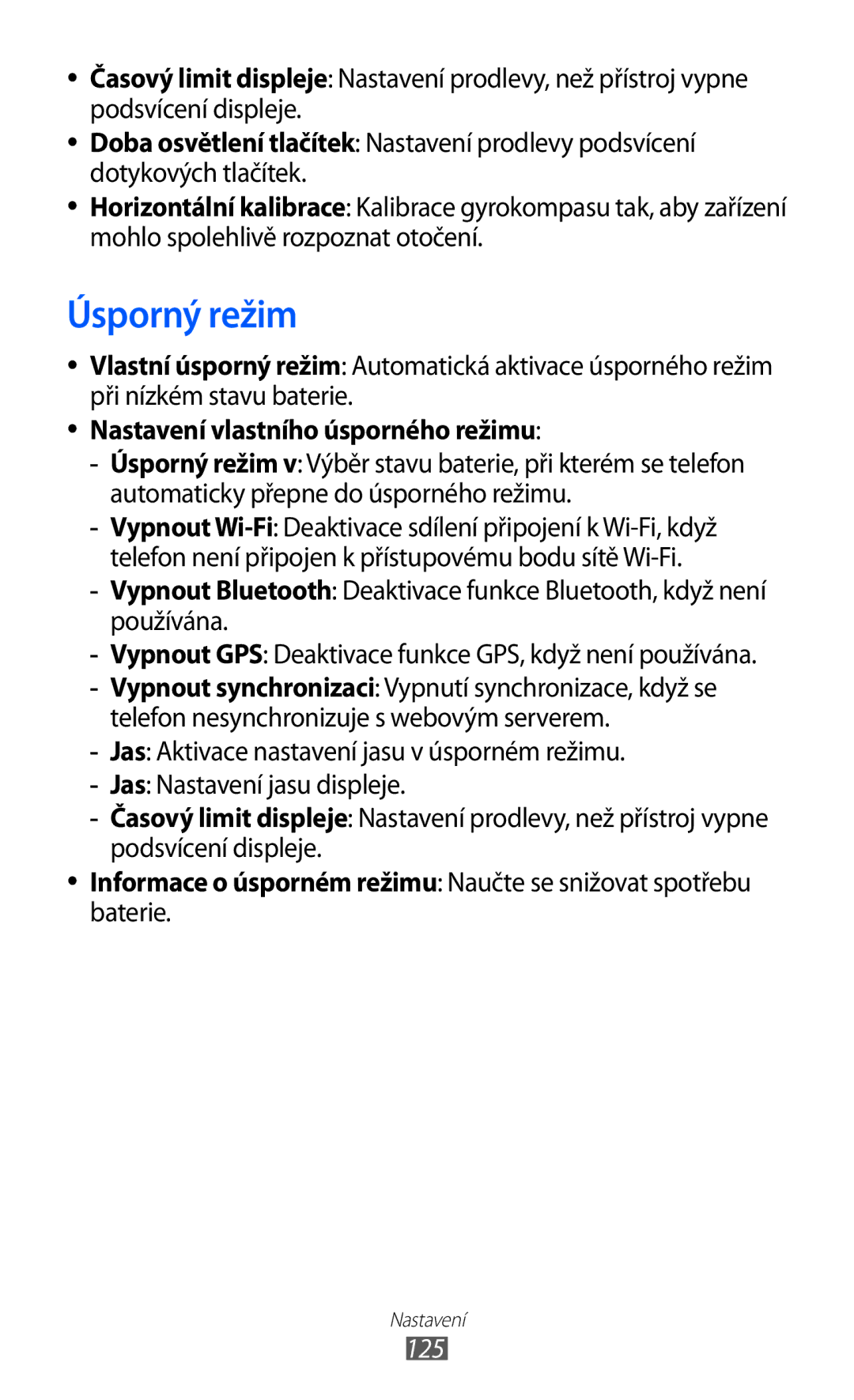 Samsung GT-S7500ABAXEZ, GT2S7500ABAXSK, GT2S7500ABAVDC manual Úsporný režim, Nastavení vlastního úsporného režimu, 125 