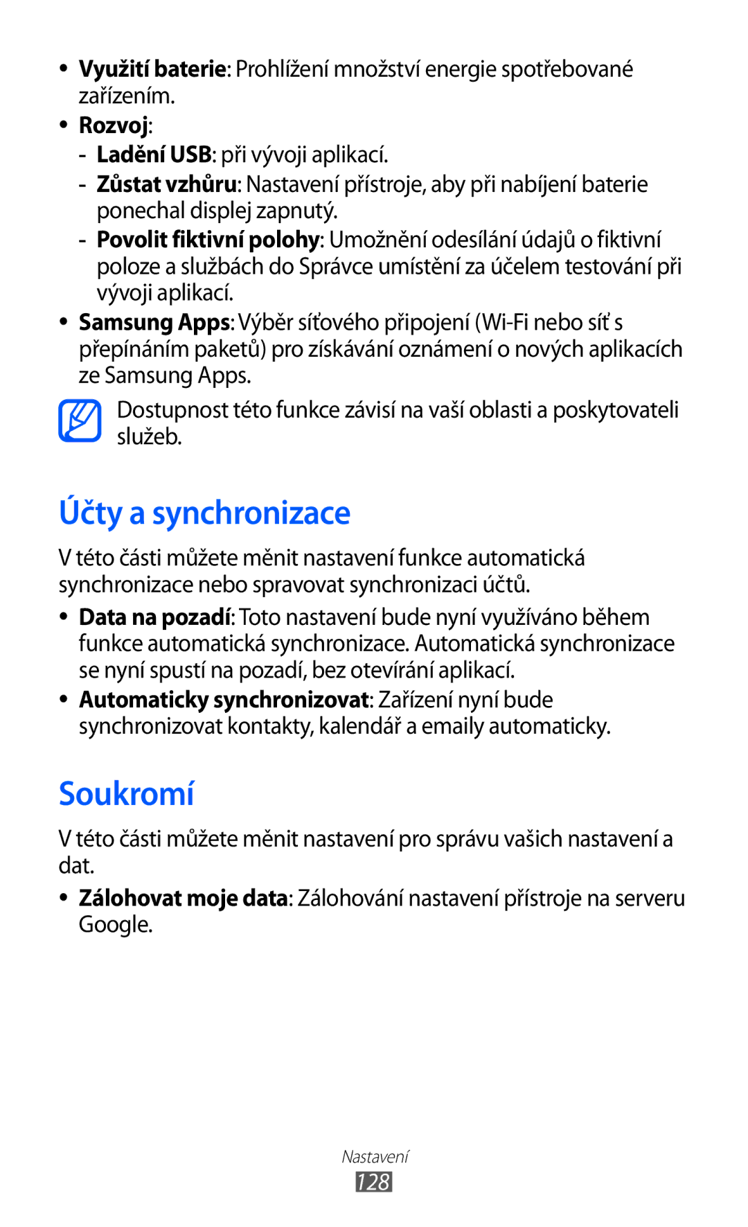 Samsung GT-S7500ABAXSK, GT-S7500ABAXEZ, GT2S7500ABAXSK, GT2S7500ABAVDC manual Účty a synchronizace, Soukromí, Rozvoj, 128 