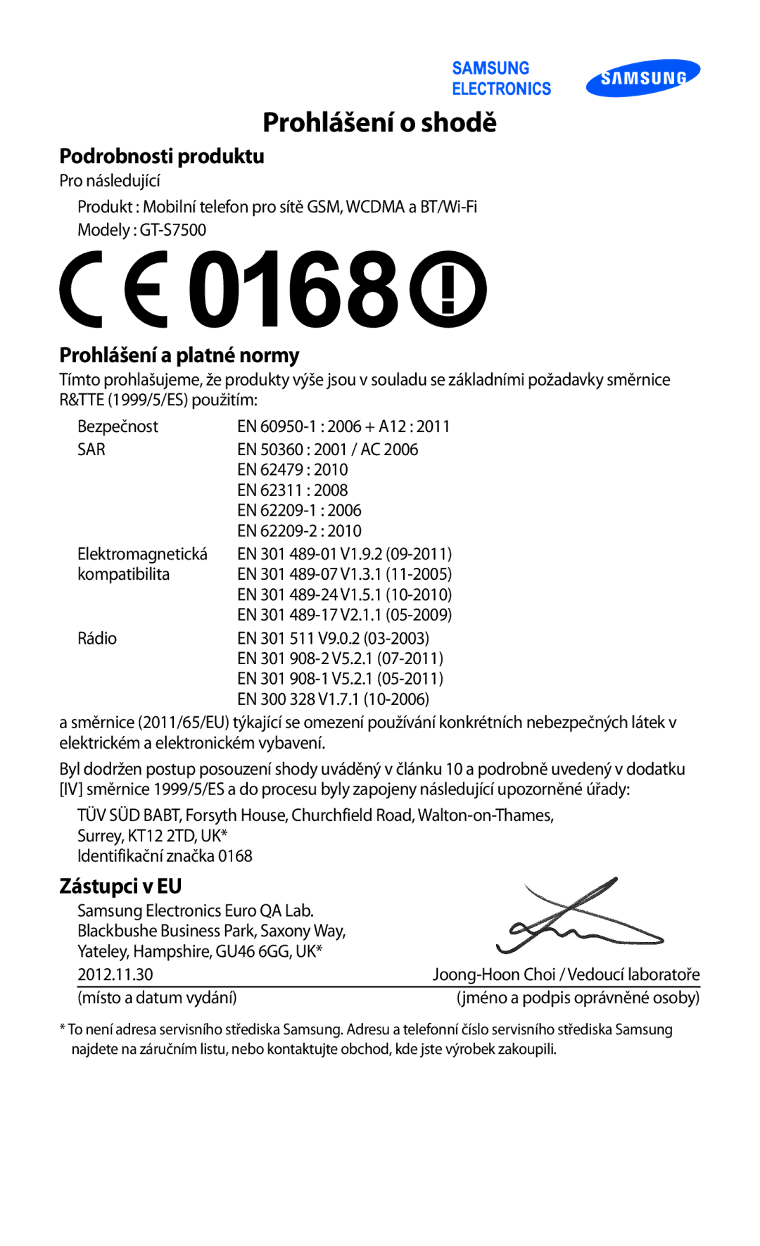 Samsung GT2S7500ABAXSK, GT-S7500ABAXEZ, GT2S7500ABAVDC, GT-S7500ABAXSK, GT-S7500ABAVDC manual Prohlášení o shodě 