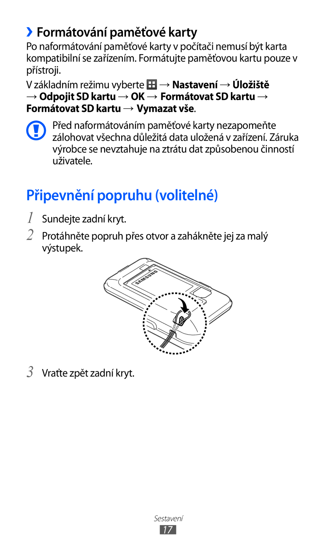 Samsung GT2S7500ABAVDC, GT-S7500ABAXEZ, GT2S7500ABAXSK manual Připevnění popruhu volitelné, ››Formátování paměťové karty 