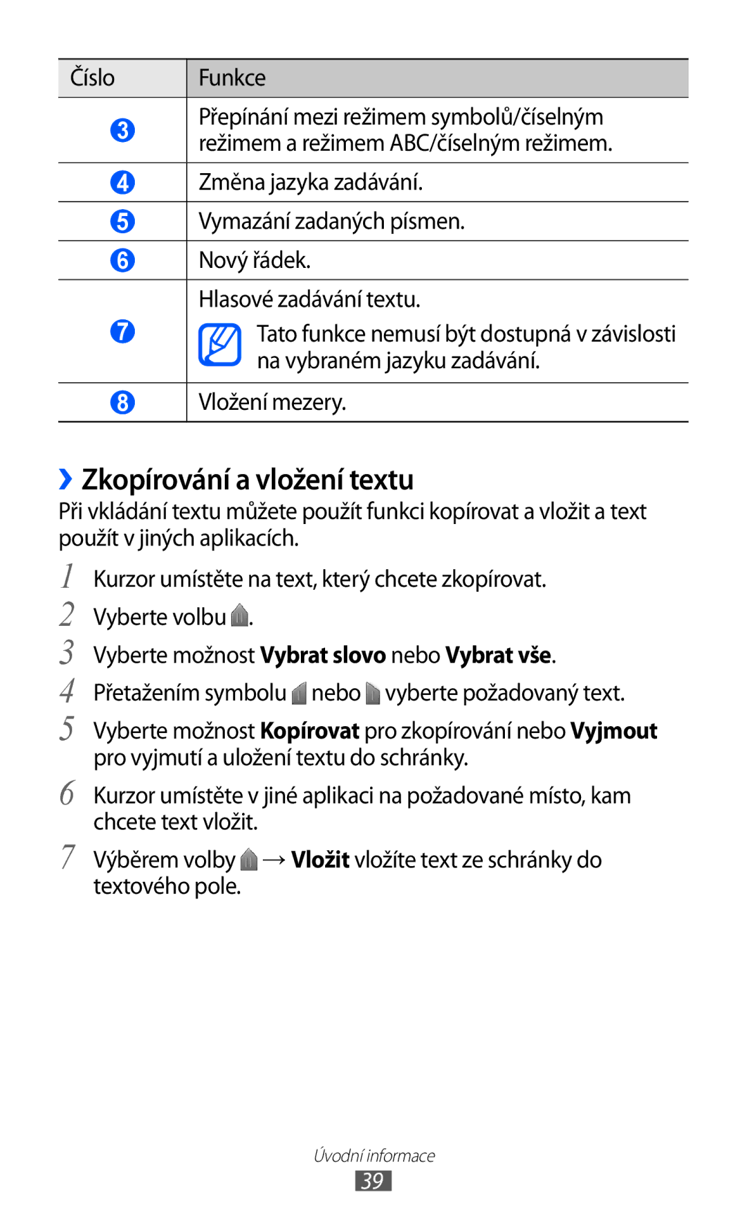 Samsung GT-S7500ABAVDC manual ››Zkopírování a vložení textu, Číslo Funkce, Vyberte možnost Vybrat slovo nebo Vybrat vše 