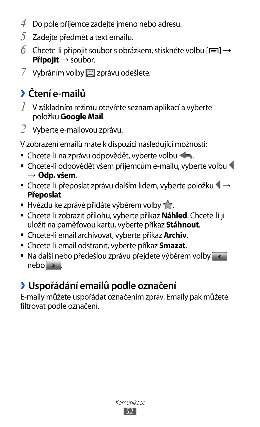 Samsung GT2S7500ABAVDC, GT-S7500ABAXEZ manual ››Čtení e-mailů, ››Uspořádání emailů podle označení, → Odp. všem, Přeposlat 