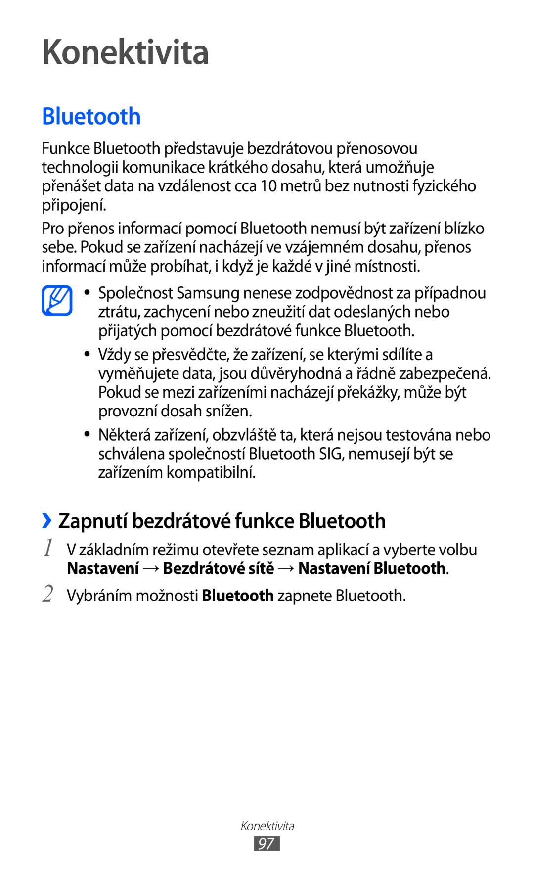 Samsung GT2S7500ABAVDC, GT-S7500ABAXEZ, GT2S7500ABAXSK manual Konektivita, ››Zapnutí bezdrátové funkce Bluetooth 