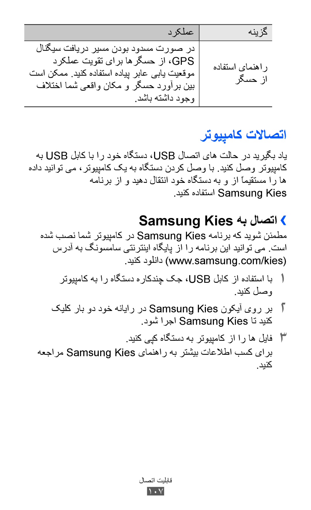 Samsung GT-S7500ABATHR manual Samsung Kies هب لاصتا››, رگسح زا, دشاب هتشاد دوجو, دوش ارجا Samsung Kies ات دينک, 107 