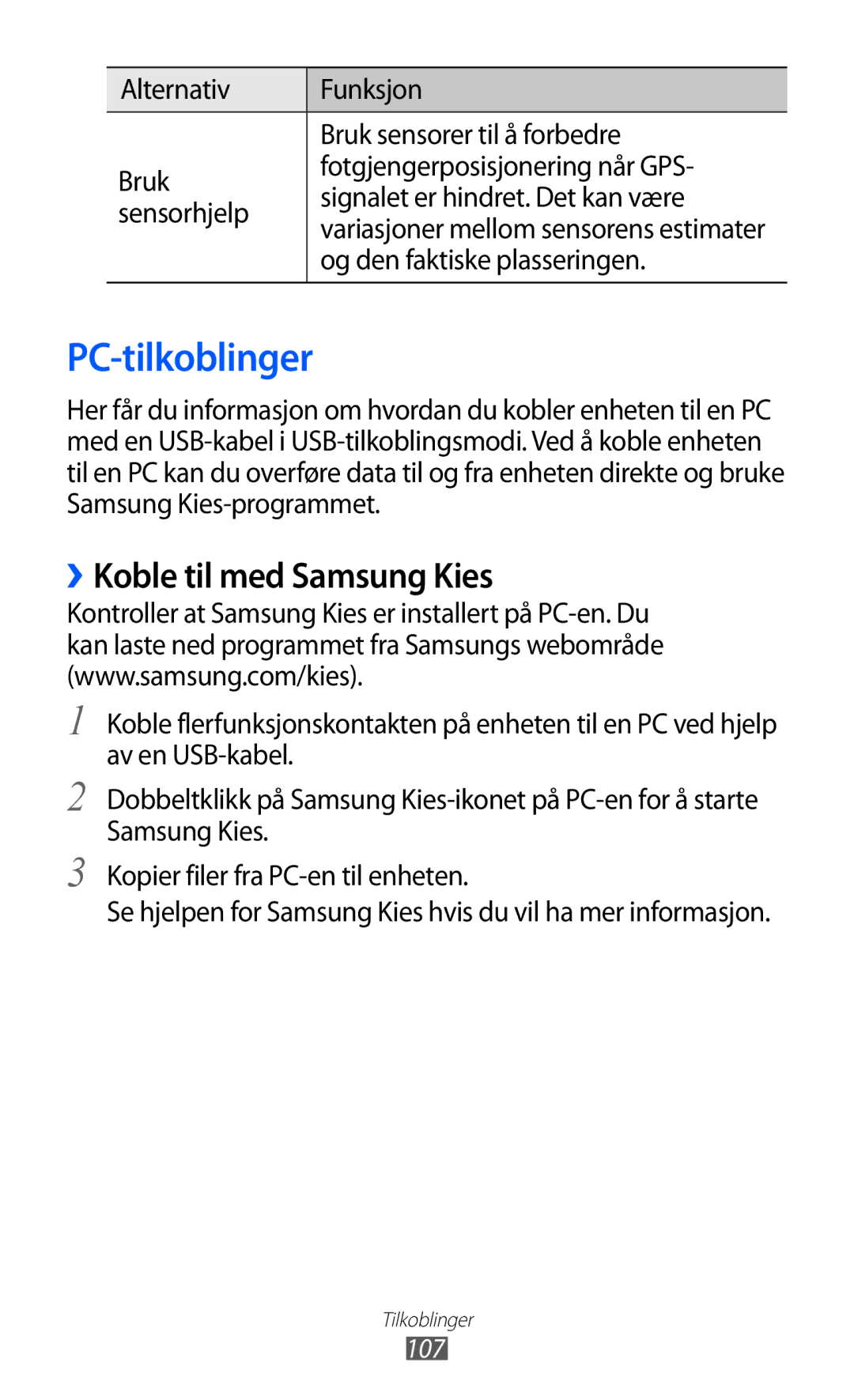 Samsung GT-S7500ABANEE, GT-S7500CWANEE manual PC-tilkoblinger, ››Koble til med Samsung Kies, Og den faktiske plasseringen 