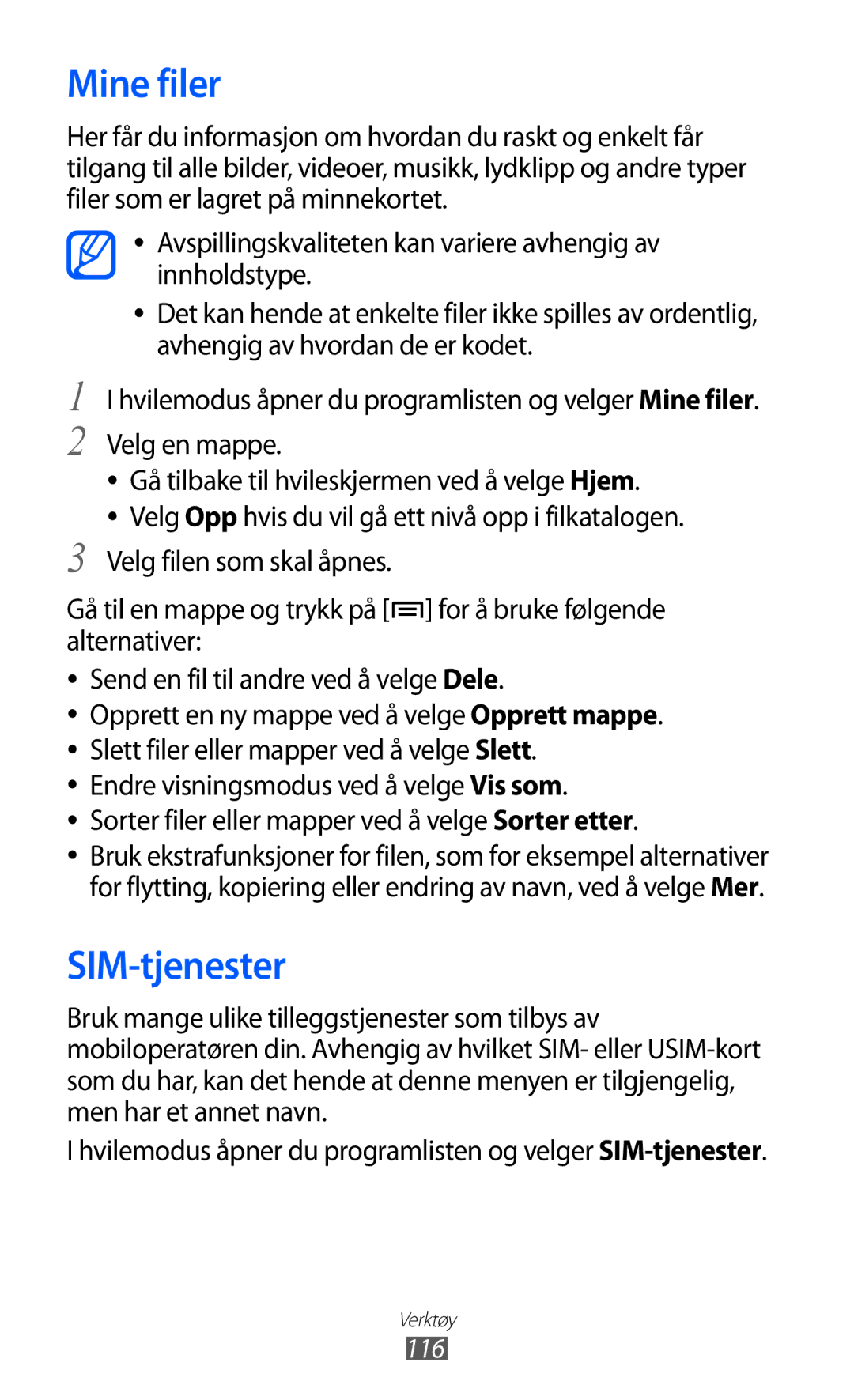 Samsung GT-S7500CWANEE, GT-S7500ABANEE manual Mine filer, SIM-tjenester 