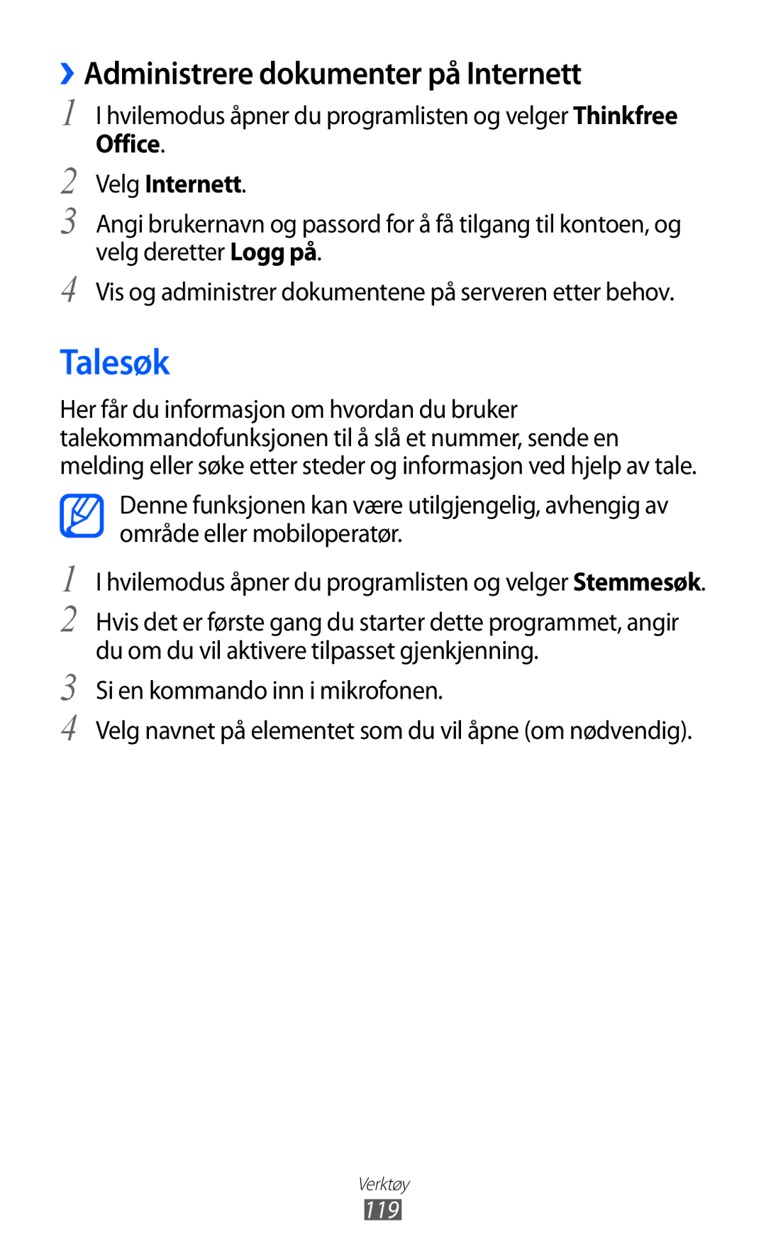 Samsung GT-S7500ABANEE, GT-S7500CWANEE manual Talesøk, ››Administrere dokumenter på Internett, Office Velg Internett 