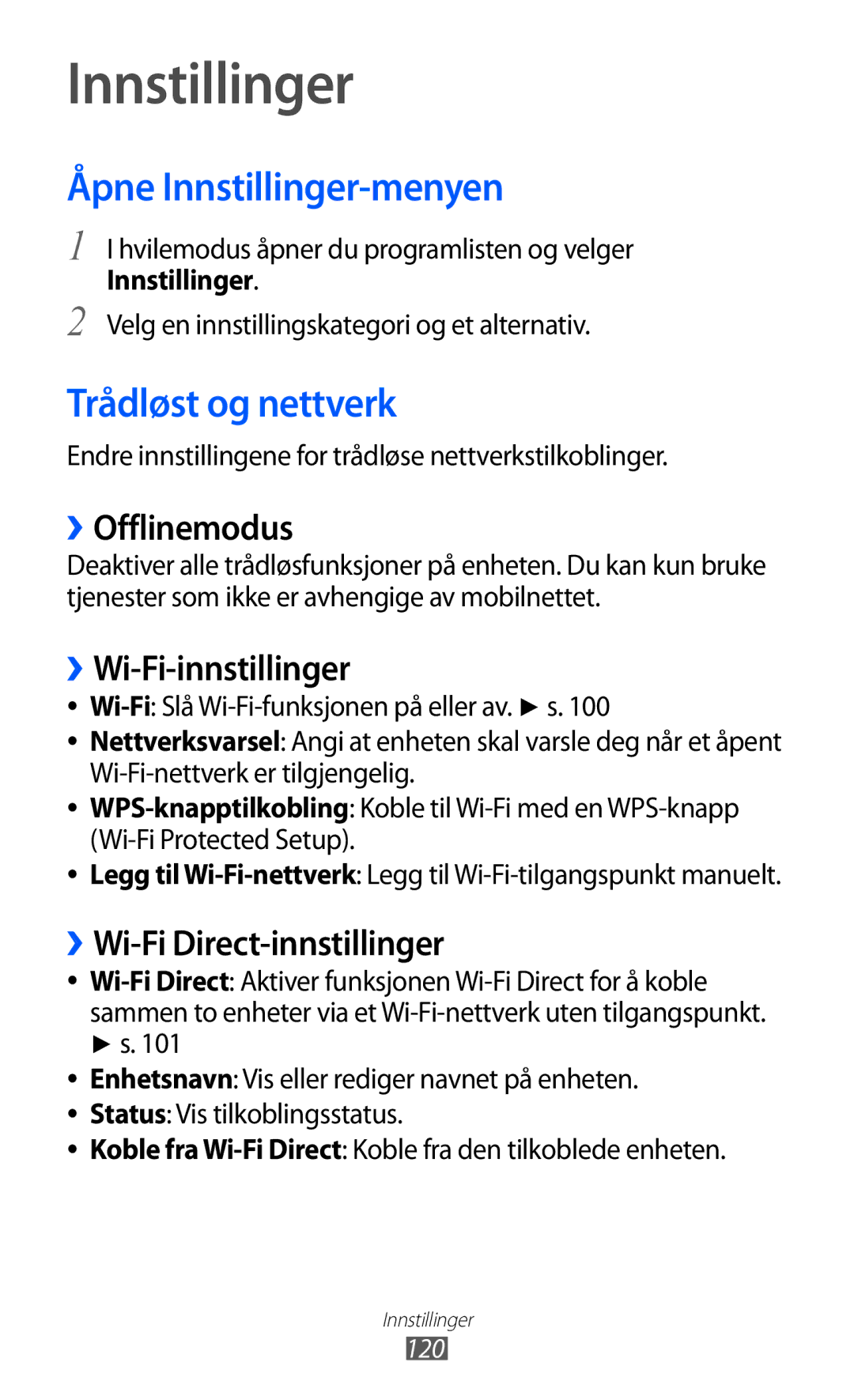 Samsung GT-S7500CWANEE, GT-S7500ABANEE manual Åpne Innstillinger-menyen, Trådløst og nettverk 