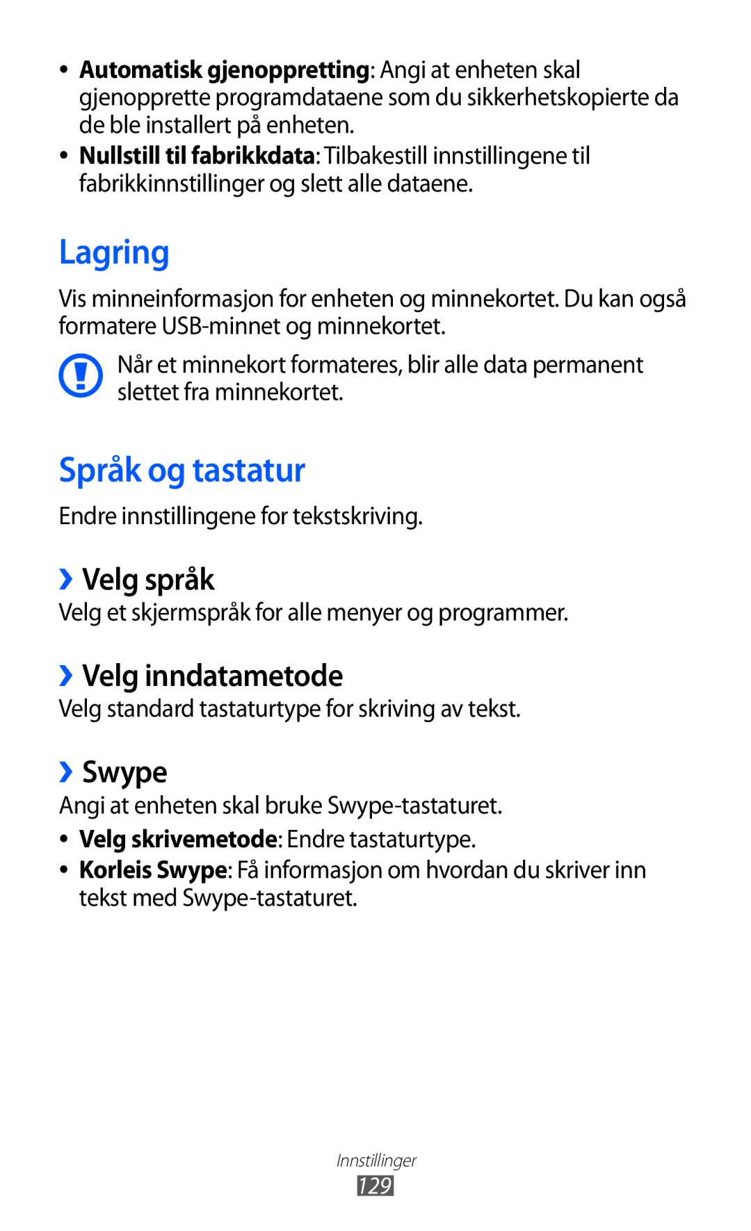 Samsung GT-S7500ABANEE, GT-S7500CWANEE manual Lagring, Språk og tastatur, ››Velg språk, ››Velg inndatametode, ››Swype 