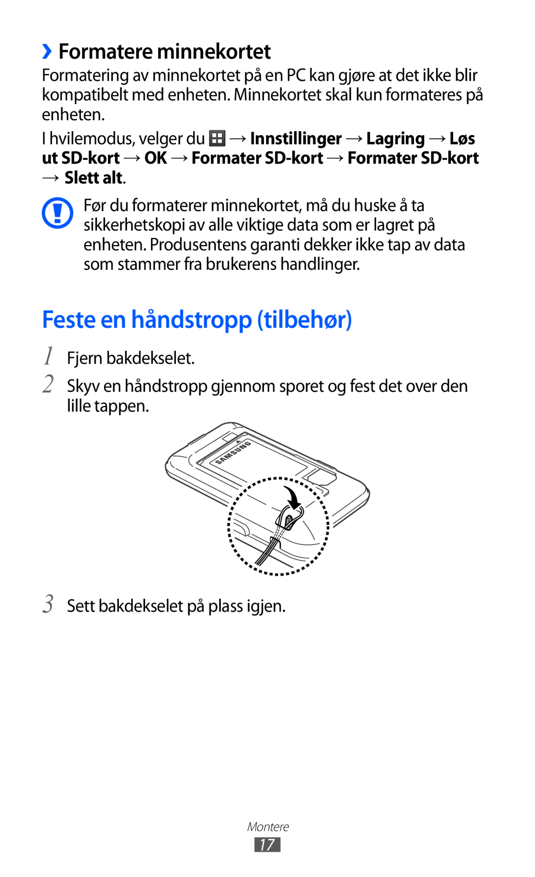 Samsung GT-S7500ABANEE, GT-S7500CWANEE manual Feste en håndstropp tilbehør, ››Formatere minnekortet, → Slett alt 