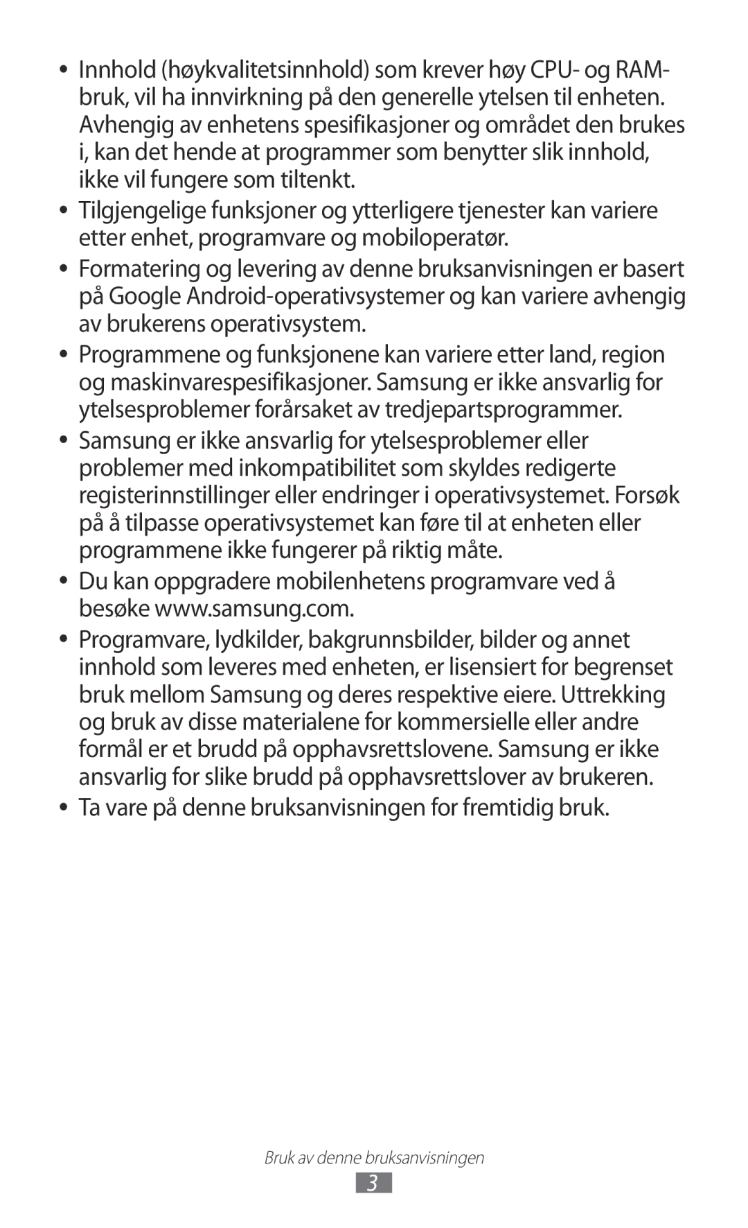 Samsung GT-S7500ABANEE, GT-S7500CWANEE manual Ta vare på denne bruksanvisningen for fremtidig bruk 