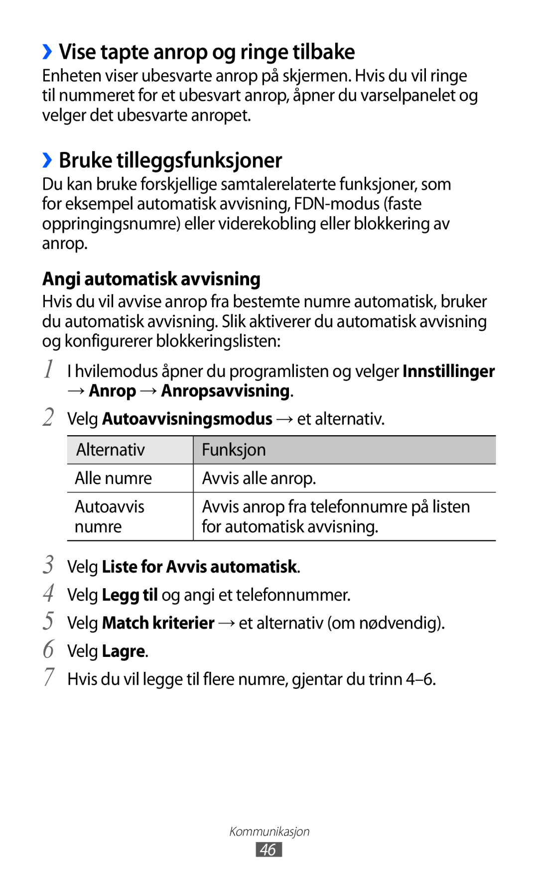 Samsung GT-S7500CWANEE ››Vise tapte anrop og ringe tilbake, ››Bruke tilleggsfunksjoner, Numre For automatisk avvisning 