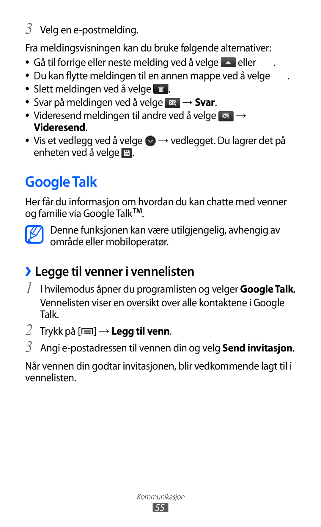 Samsung GT-S7500ABANEE, GT-S7500CWANEE manual Google Talk, ››Legge til venner i vennelisten, Eller, → Svar, Videresend 