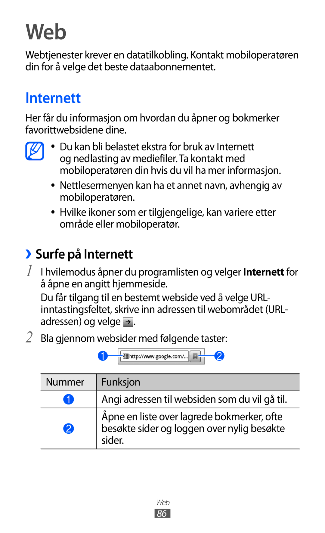 Samsung GT-S7500CWANEE, GT-S7500ABANEE Web, ››Surfe på Internett, Besøkte sider og loggen over nylig besøkte sider 