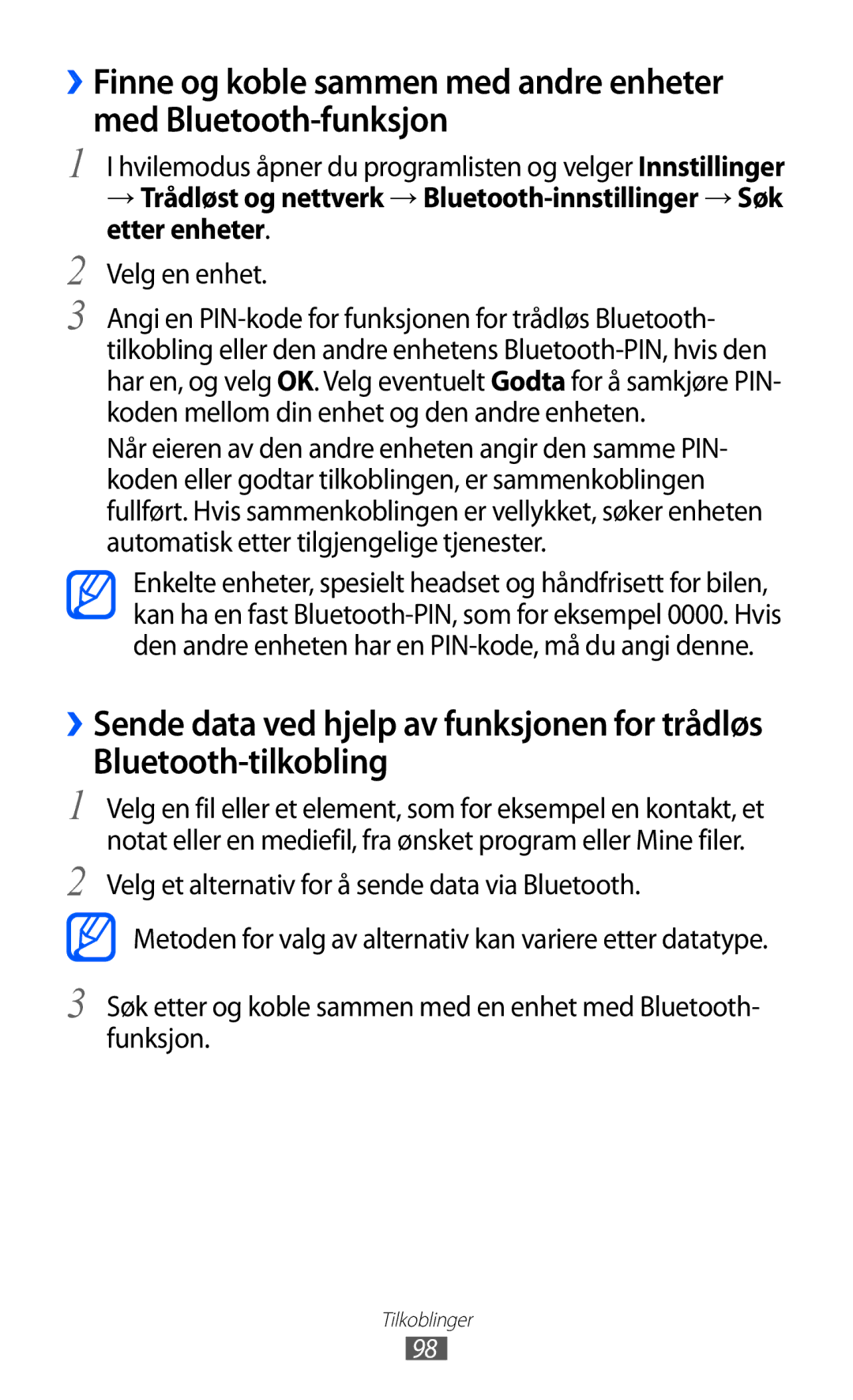 Samsung GT-S7500CWANEE, GT-S7500ABANEE manual Bluetooth-tilkobling, Velg en enhet 